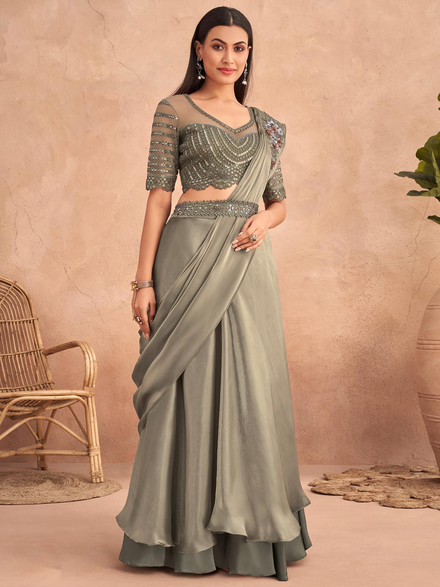 Buy Green Ruffle Saree Set by Designer TAMANNA PUNJABI KAPOOR Online at  Ogaan.com