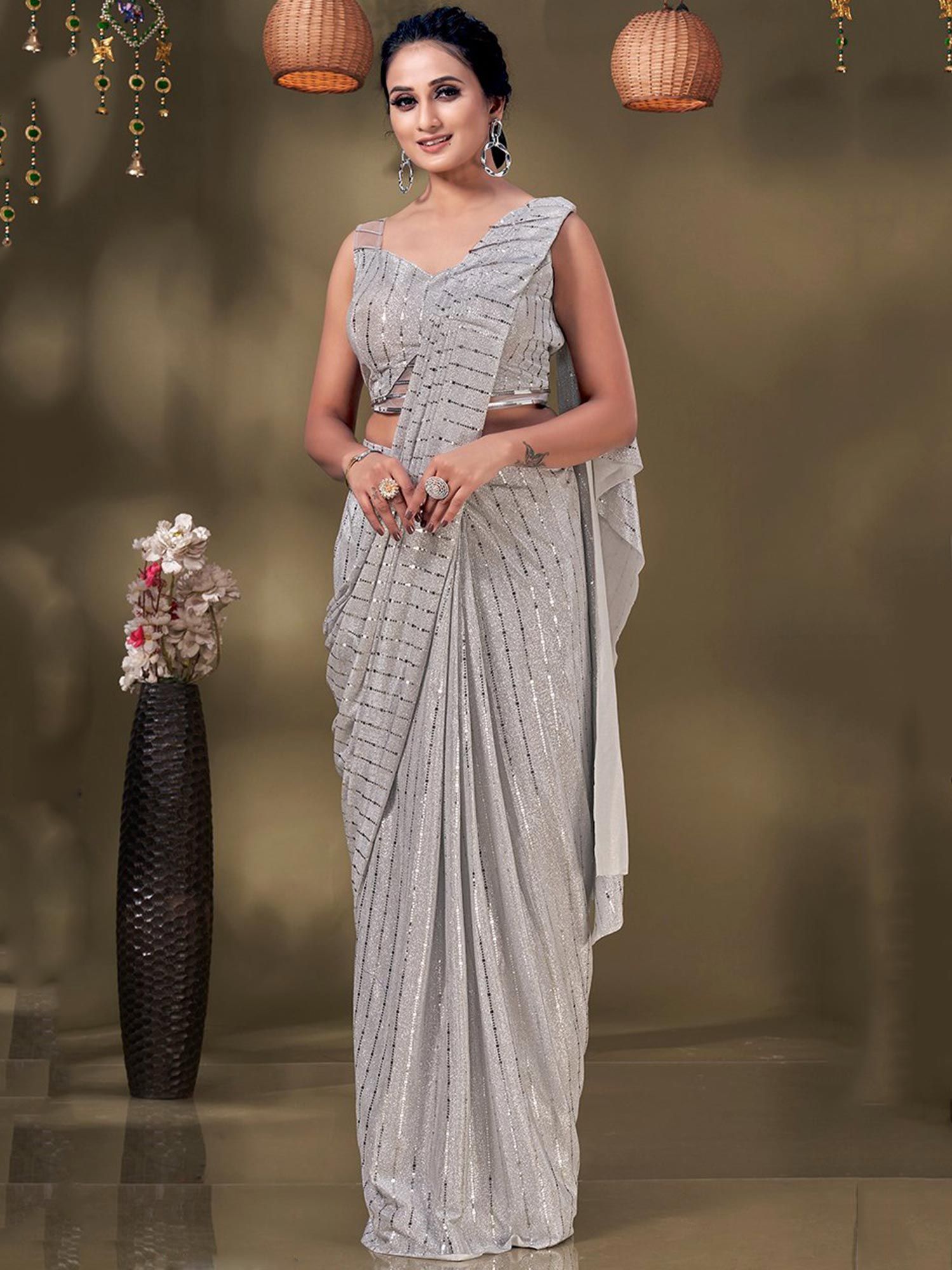 Silver Bridesmaid Pre-Stitched Lycra Saree