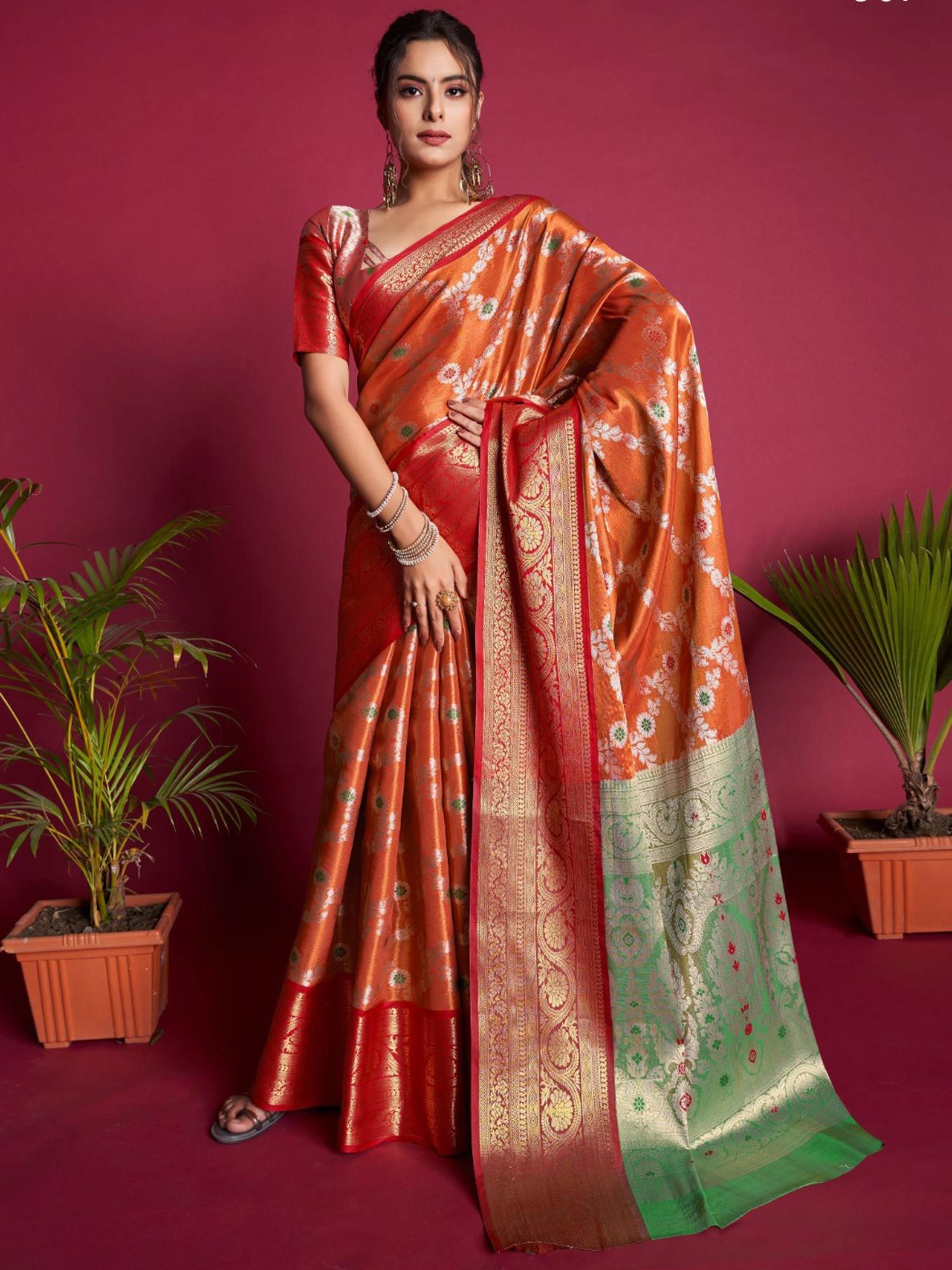 Golden Orange Kanjivaram Soft Woven Silk Saree – Ethnos