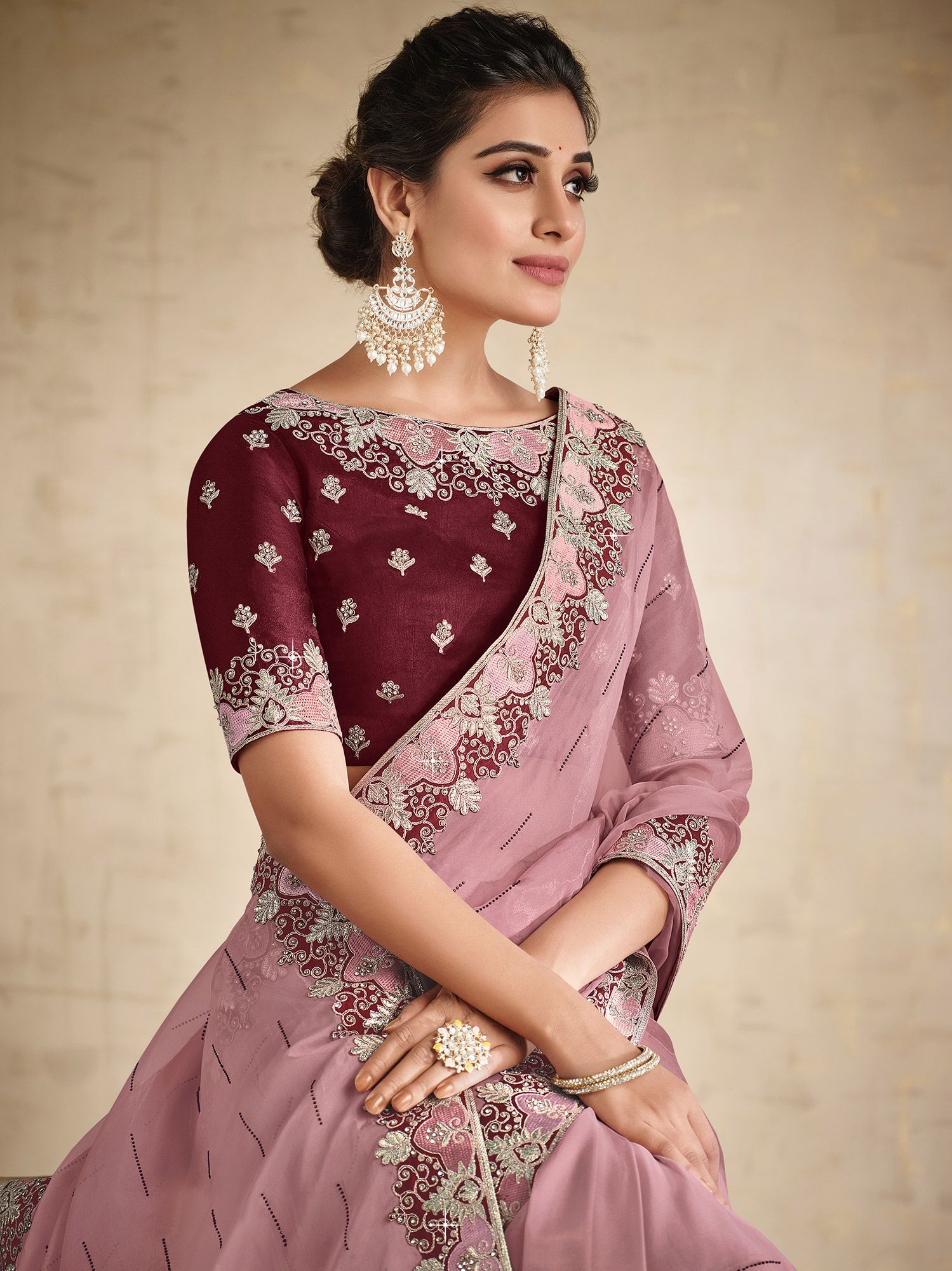 Pink Heavy Border Saree In Organza