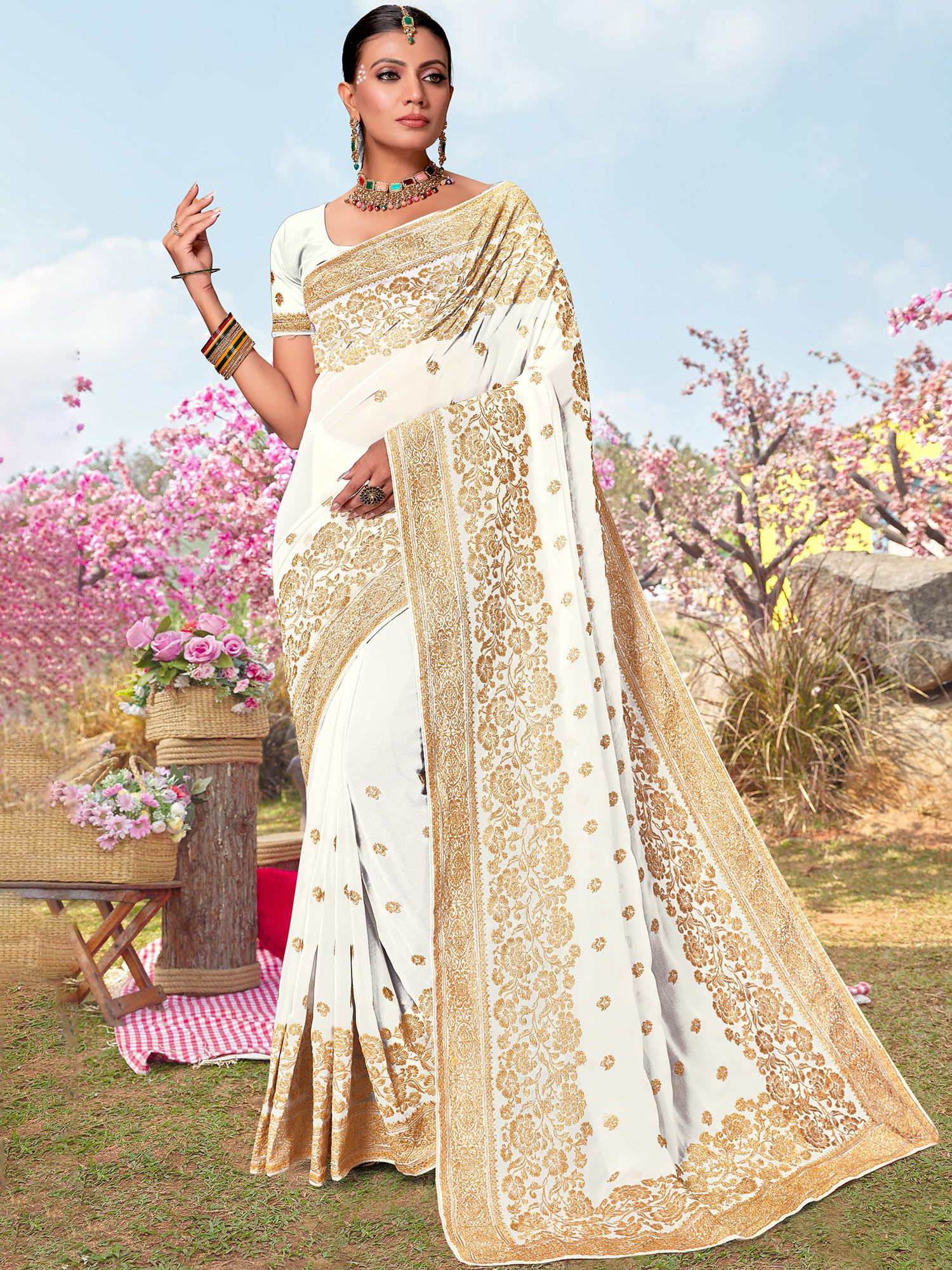 White Color Soft Banarasi Silk Saree with Golden Zari Work and Weaving for  Wedding - Navshtri Family