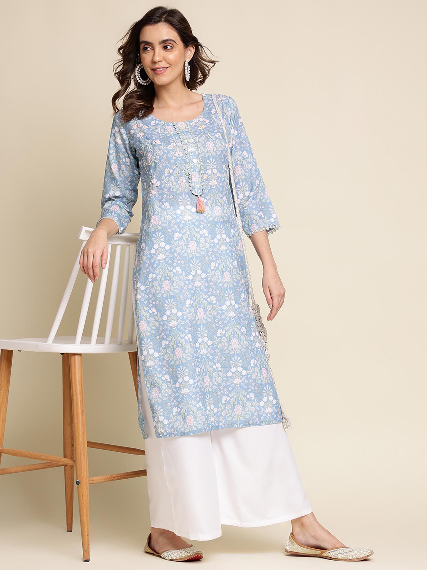 Buy Kasturum Stylish New Look White and Blue Printed Kurti-Palazzo Set for  Women at Amazon.in