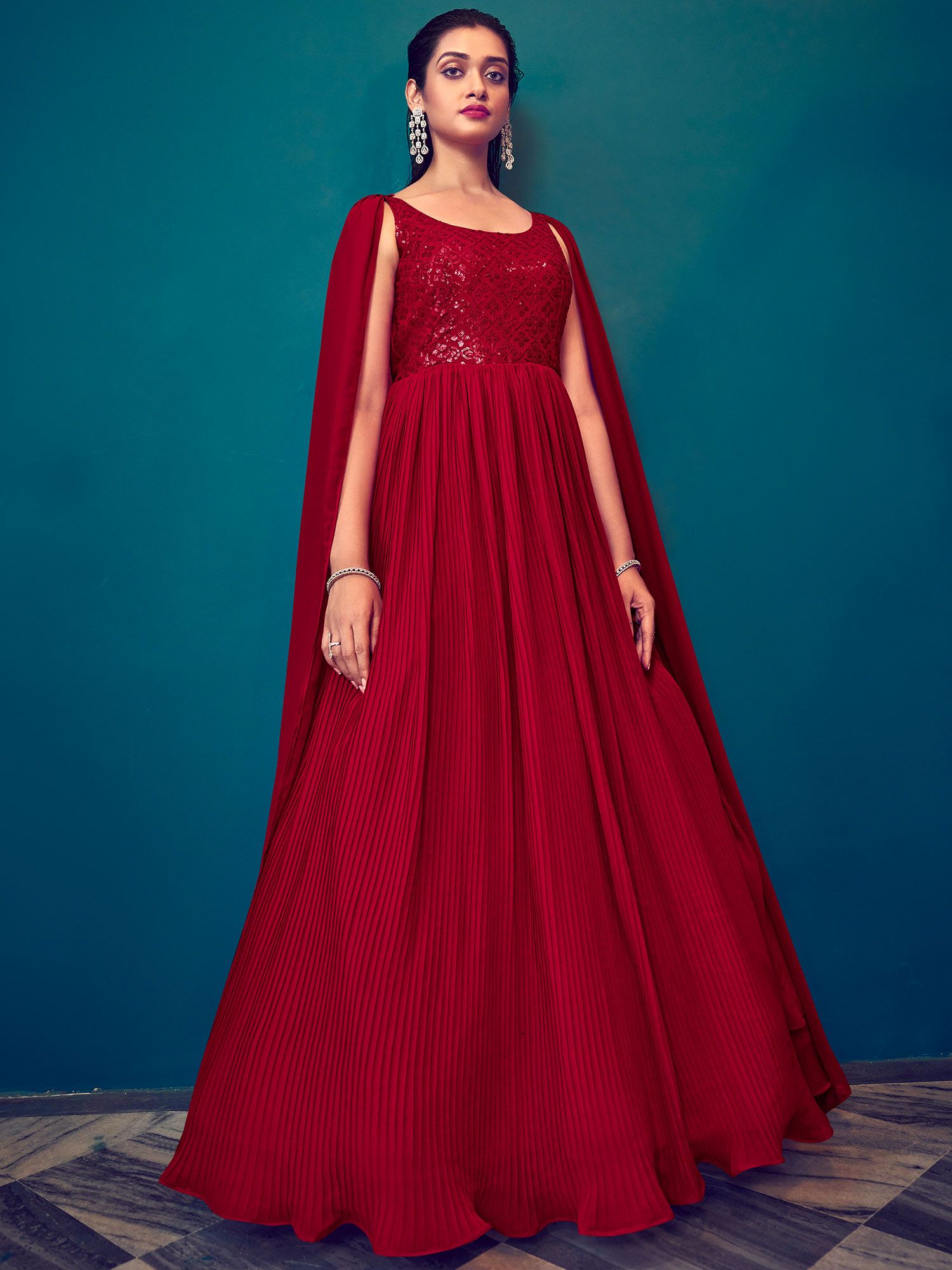 Buy Blue Long Gown With Red Dupatta Online | DressingStylesCA.com