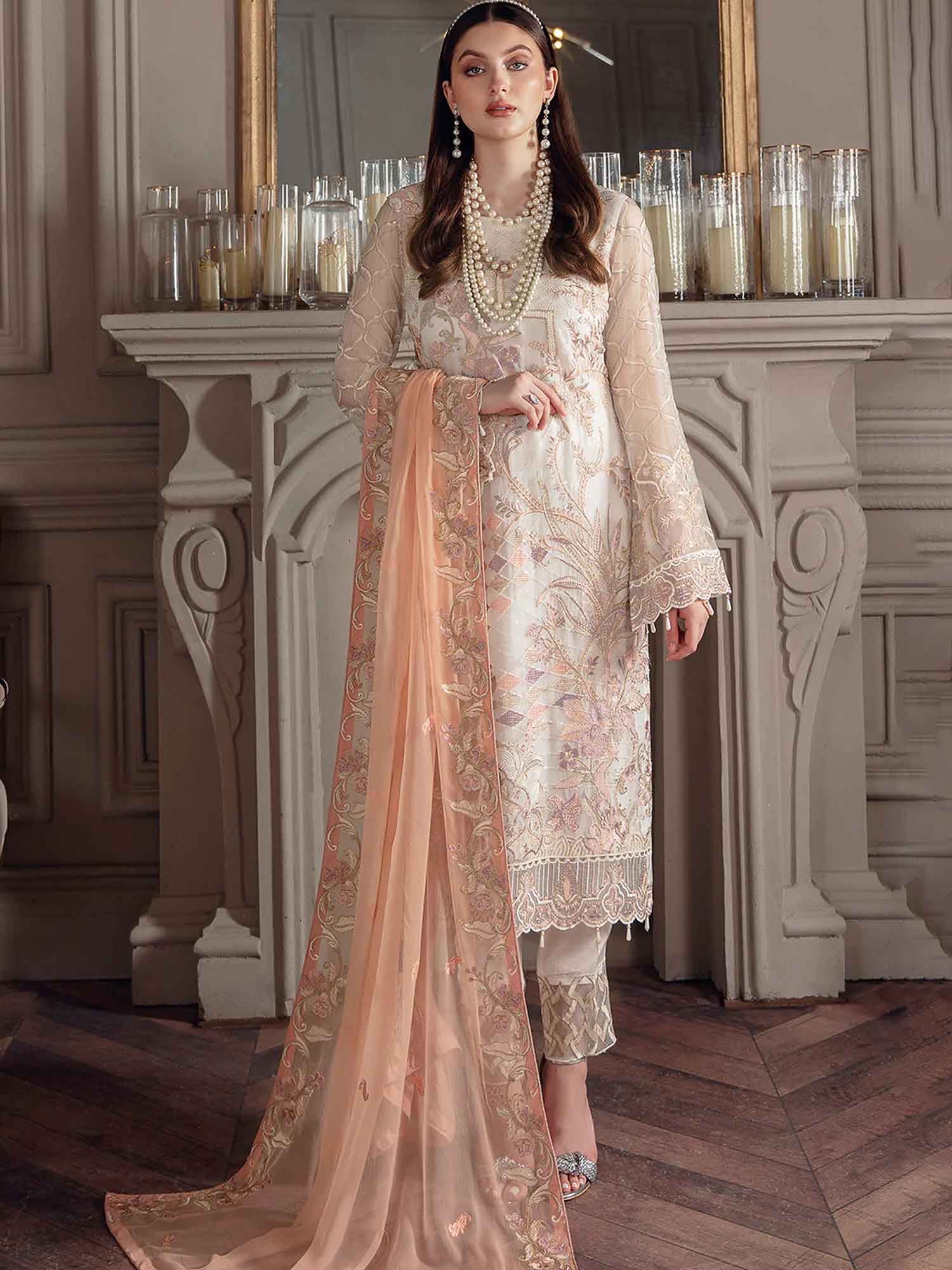 Beige Brown Embroidery Work Georgette Santoon Pant Designer Pakistani Suit.  Wedding Salwar Suits Online.