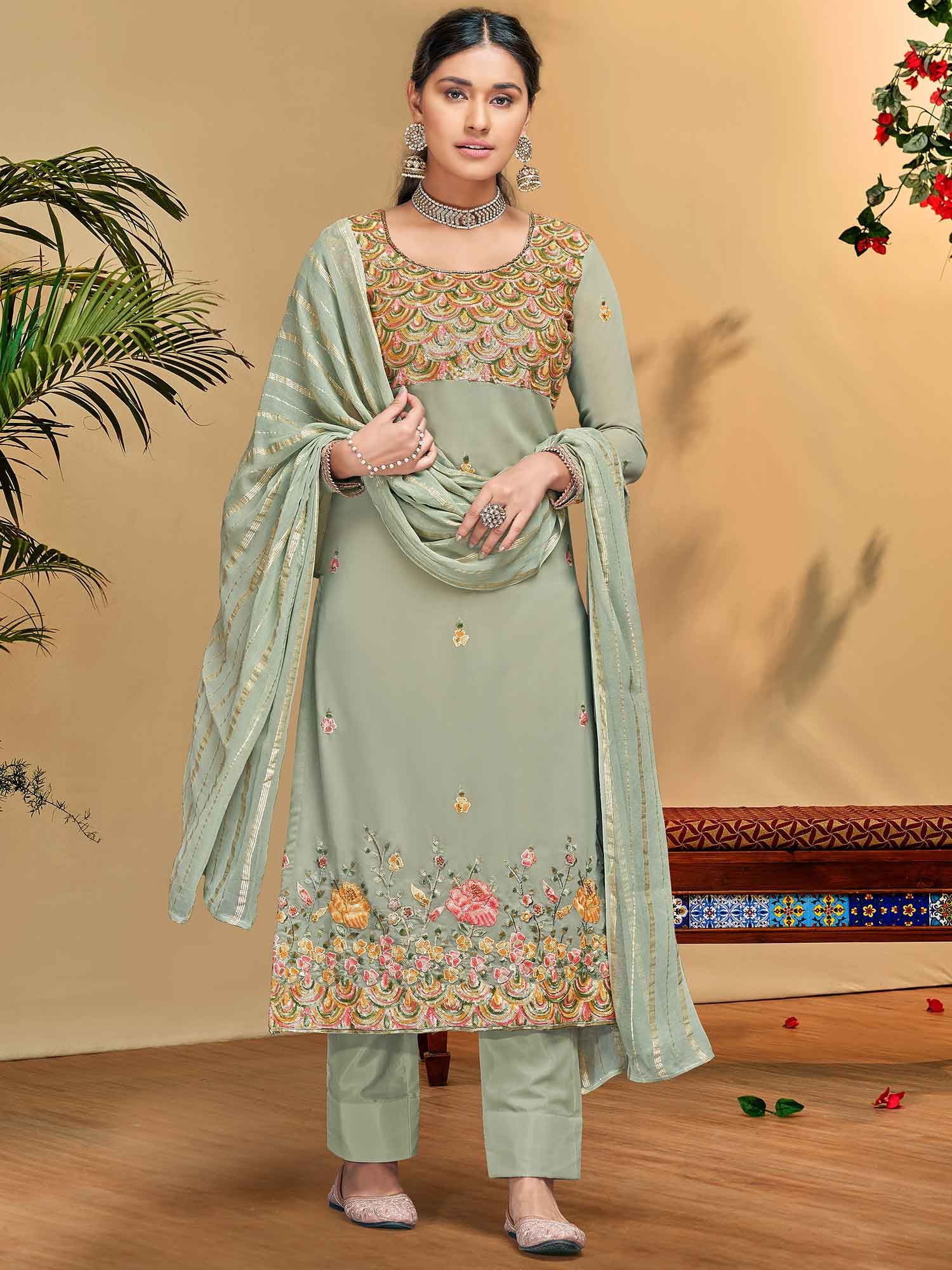 Lemon Cotton Trouser Salwar Suit With Chiffon Dupatta Online  DMV13779