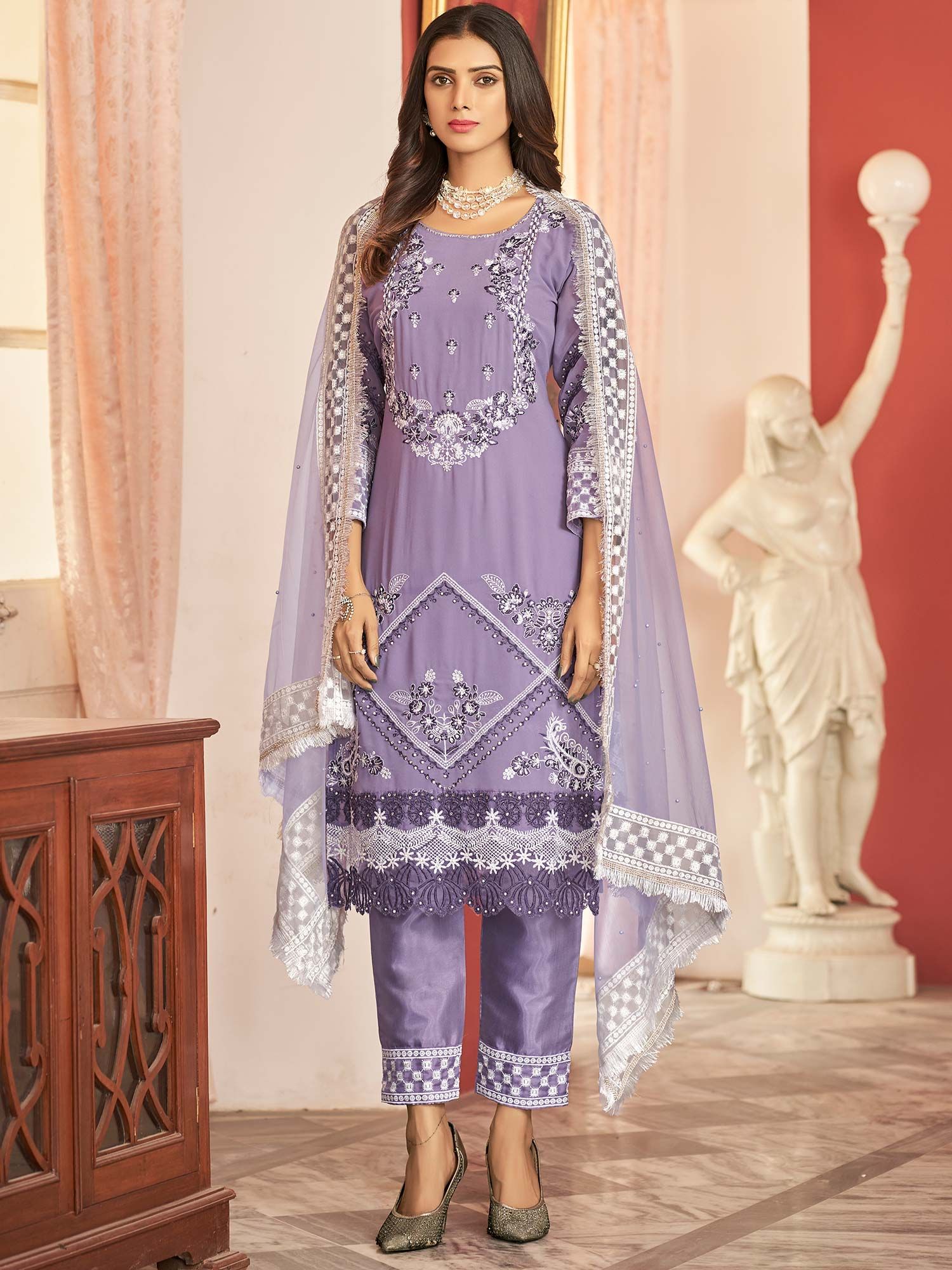 Magnificent Purple Color Butterfly Net With Heavy Codding Wedding Wear Plazo  Suit