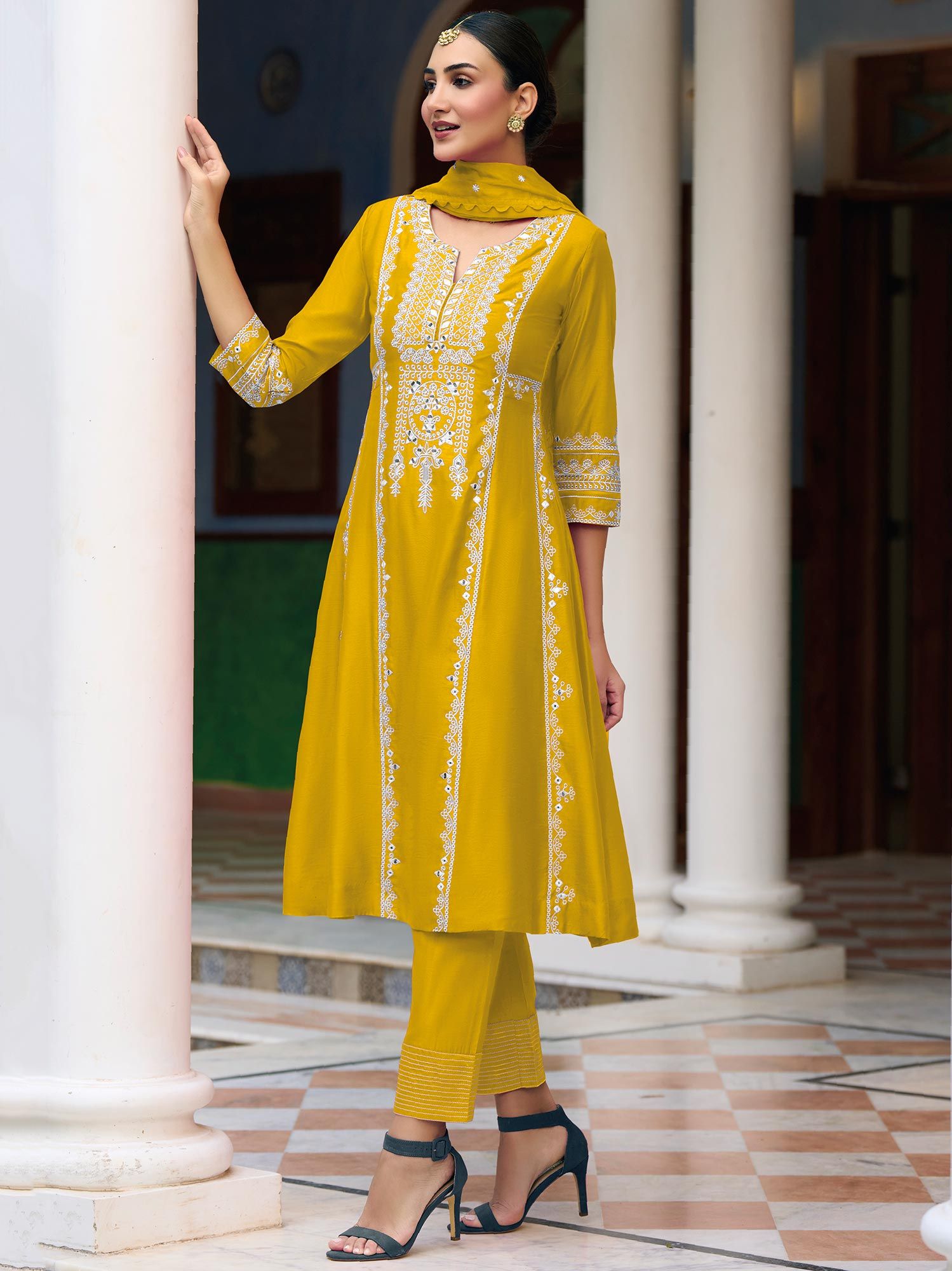 Net Embroidery Pant Style Suit In Yellow Colour-SM1640653