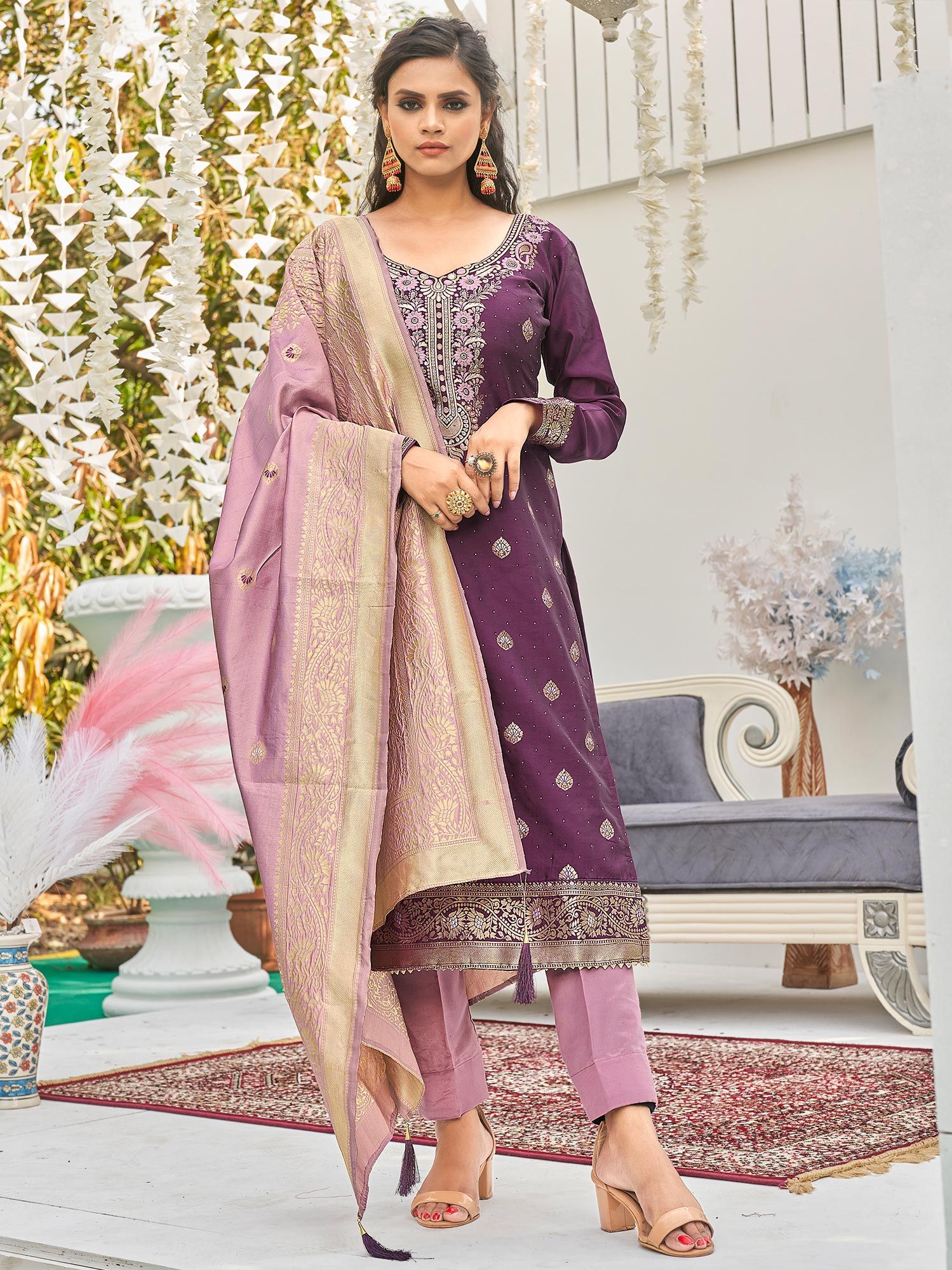 Buy Banarasi Silk Eid Boat Neck Straight / Trouser Suits Online for Women  in USA
