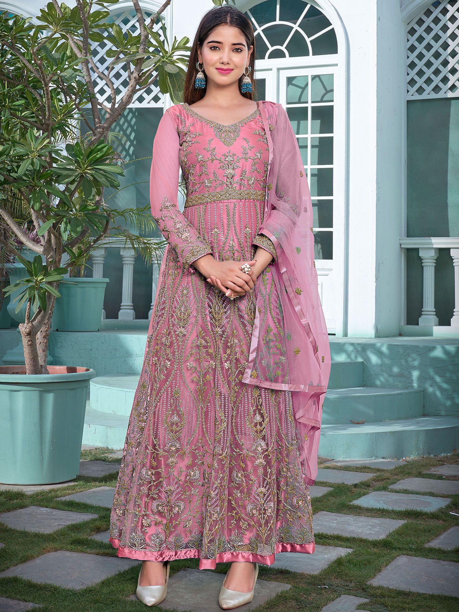 Navy Blue Elegant Embroidered Anarkali Suit - Hatkay