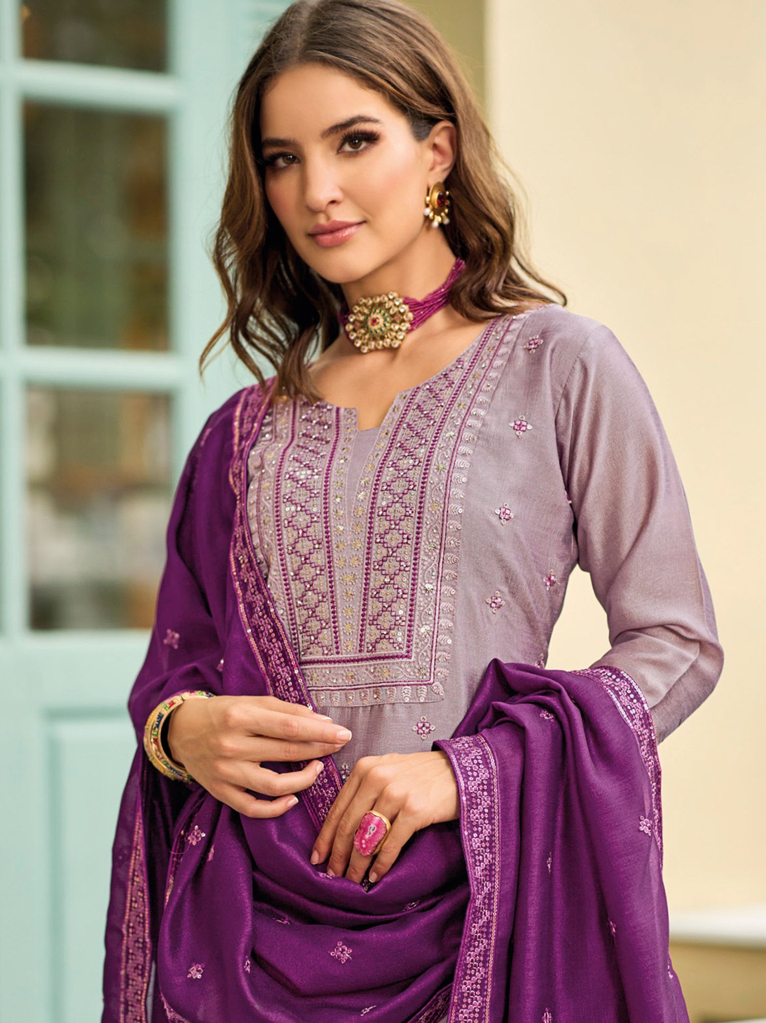 Purple Pant Style Salwar Suit In Silk