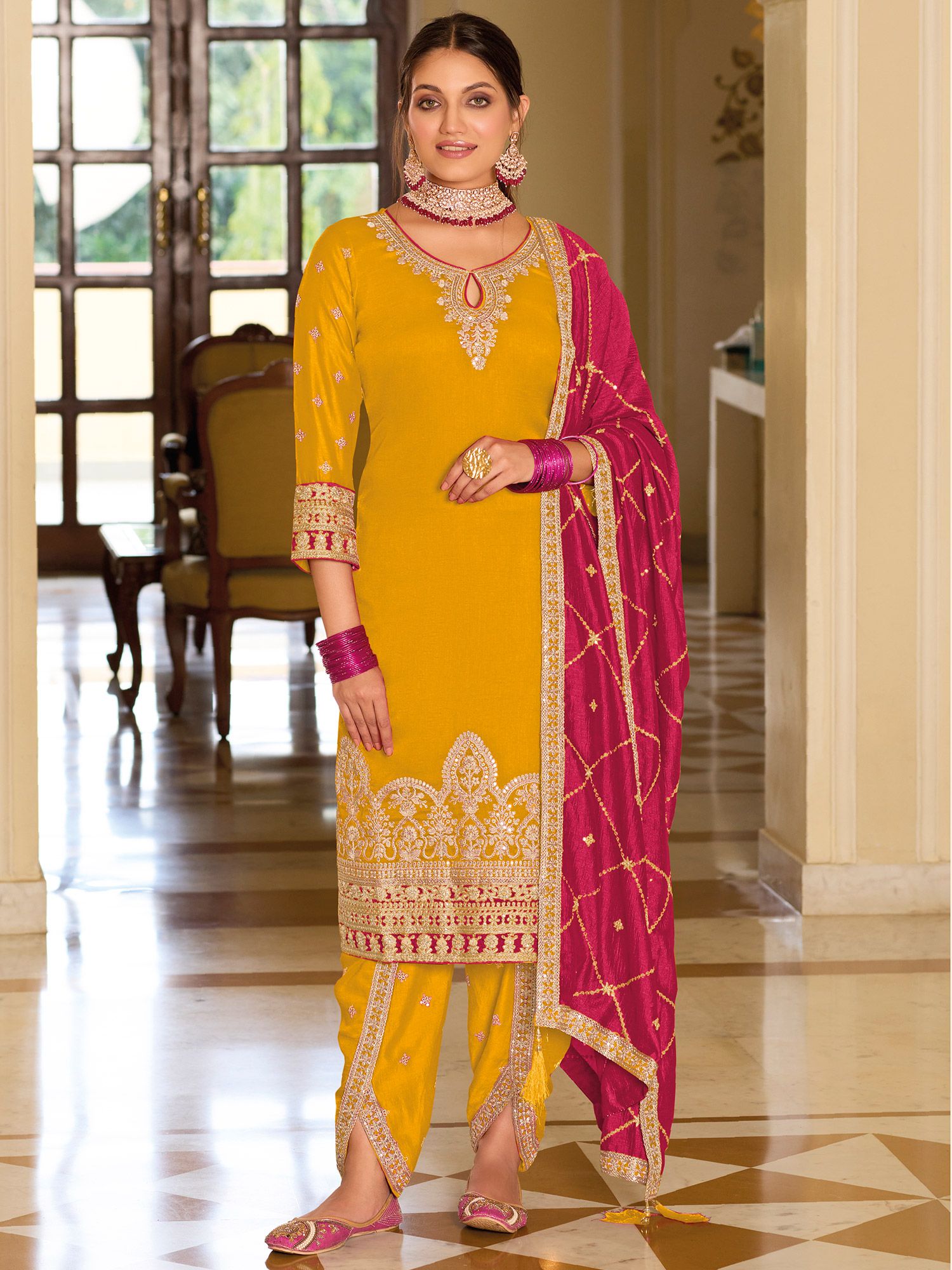 Yellow-Fancy-Collar-Neck-Style-Rayon-Kurti-With-Dhoti-Style-Bottom-2-31083  Catalog No : … | Kurta designs women, Pakistani dress design, Designer  party wear dresses