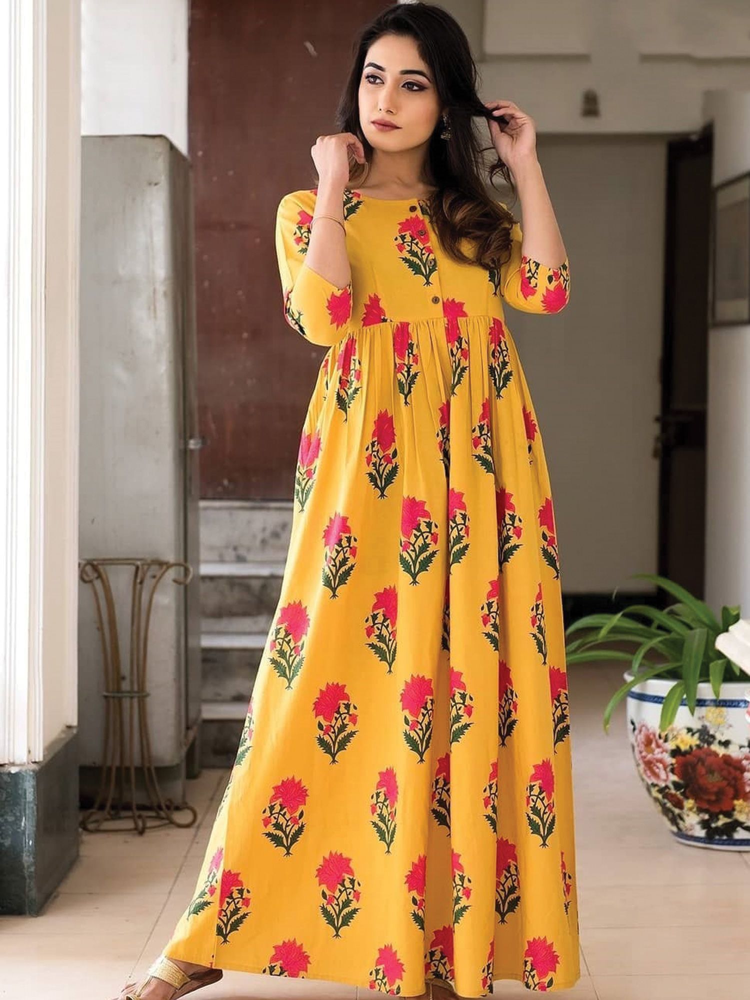 Georgette Fabric Yellow Color Supreme Readymade Gown | Exquisite gowns,  Modest evening dress, Indian ladies dress