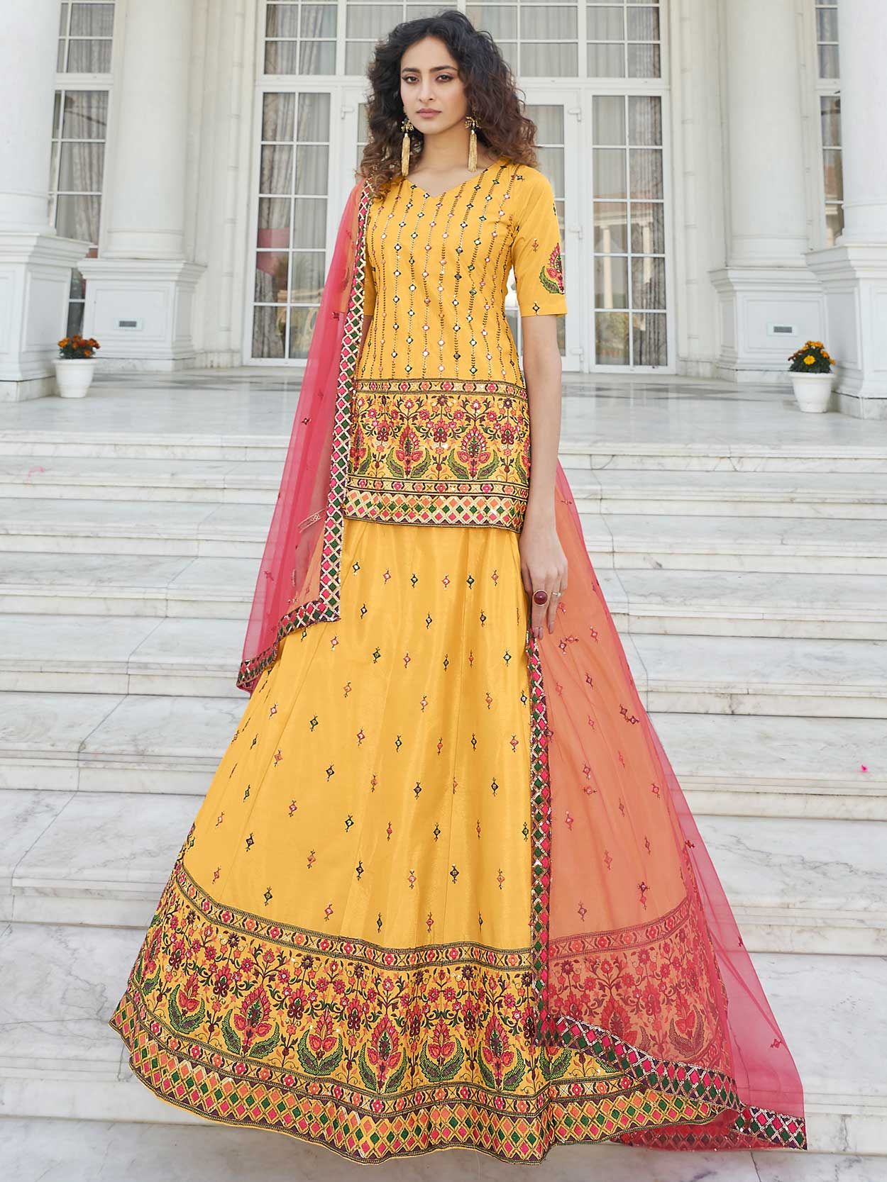 Yellow Thread Embroidered Kurti Style Lehenga Choli