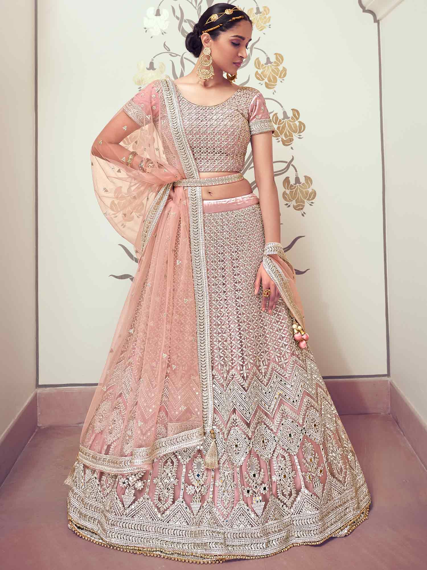 Light Peach Wedding Wear Designer Floral Prined Chanderi Designer Lehenga  Choli