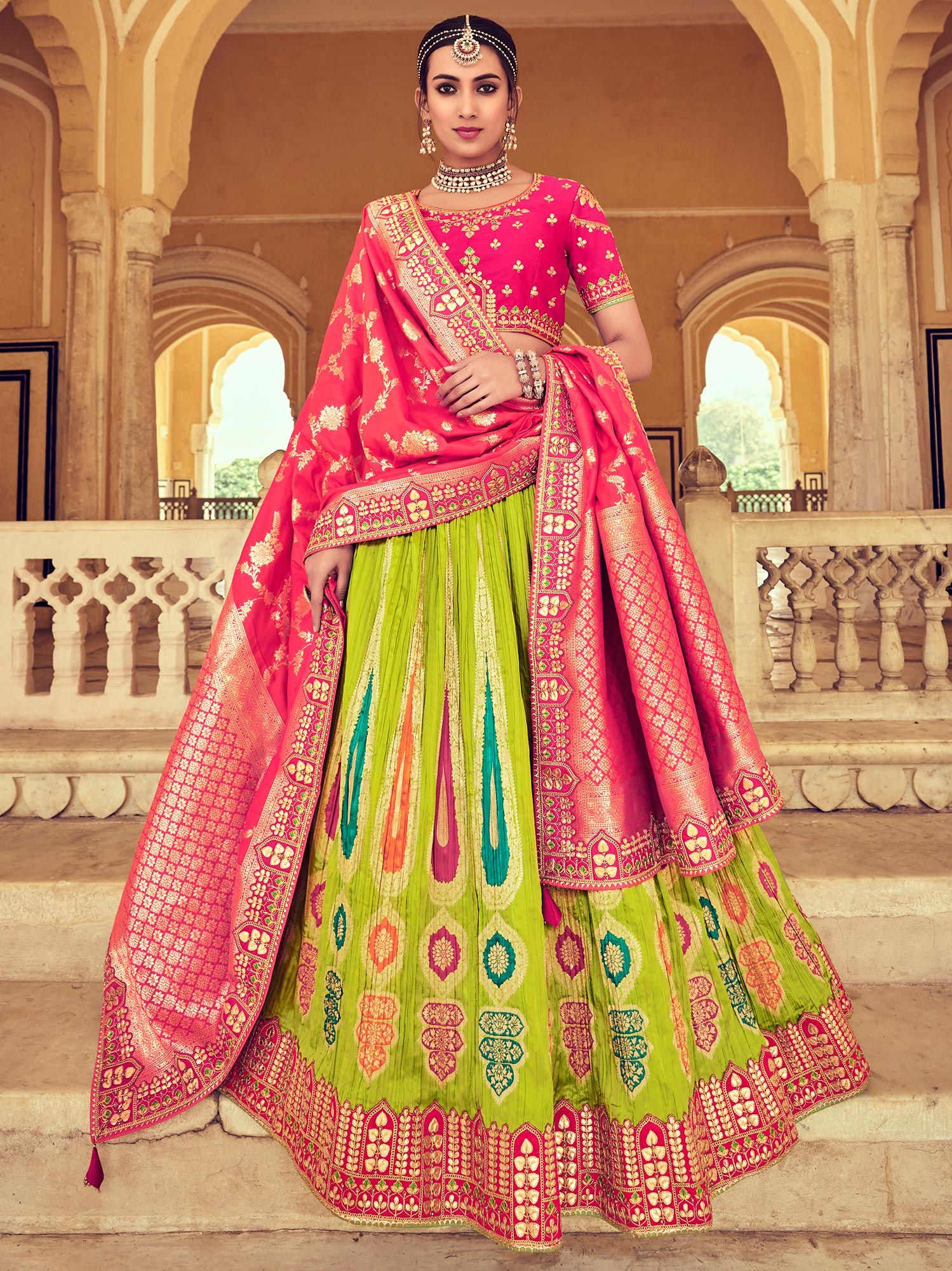 Designer Wedding Ethnic Indian Lehenga Choli Green Pink Banarasi Silk  Embroidery | eBay