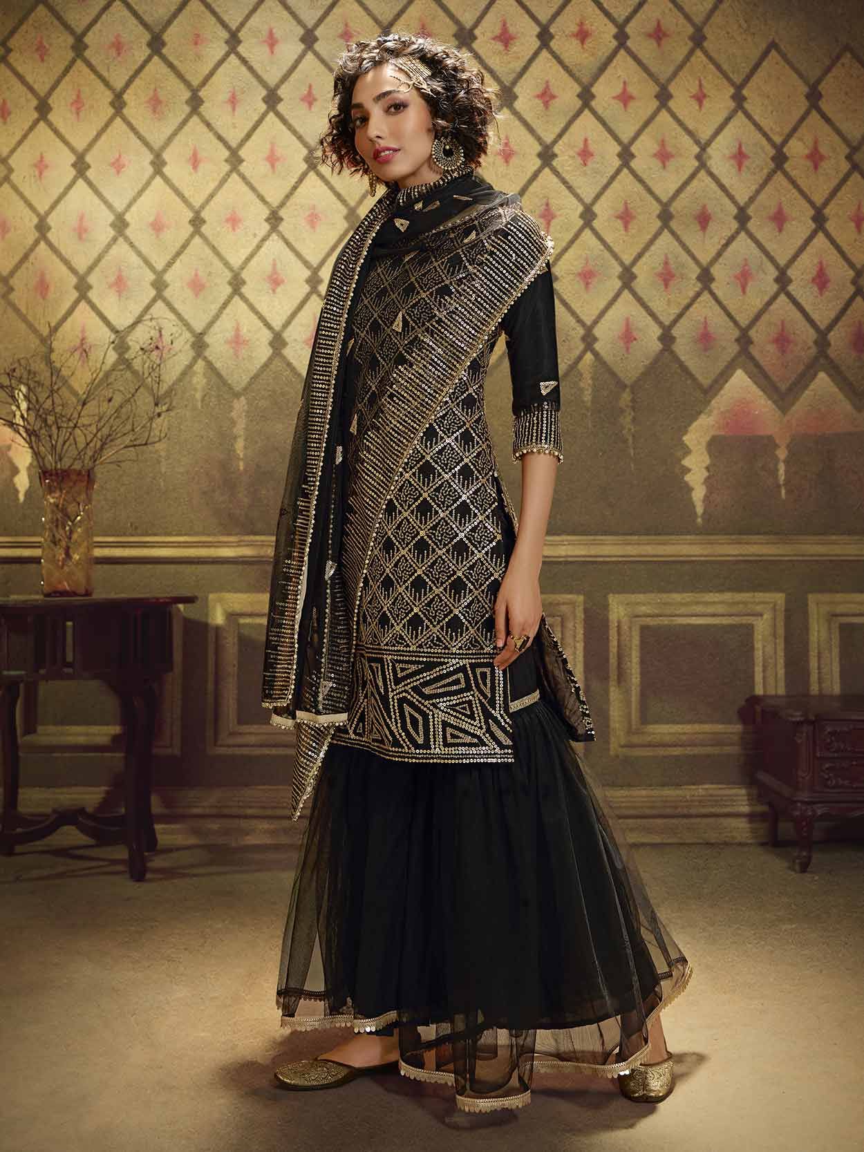 Designer black Color Wedding wear Sharara Suit with Embroidery, Recept –  azrakhkurtis