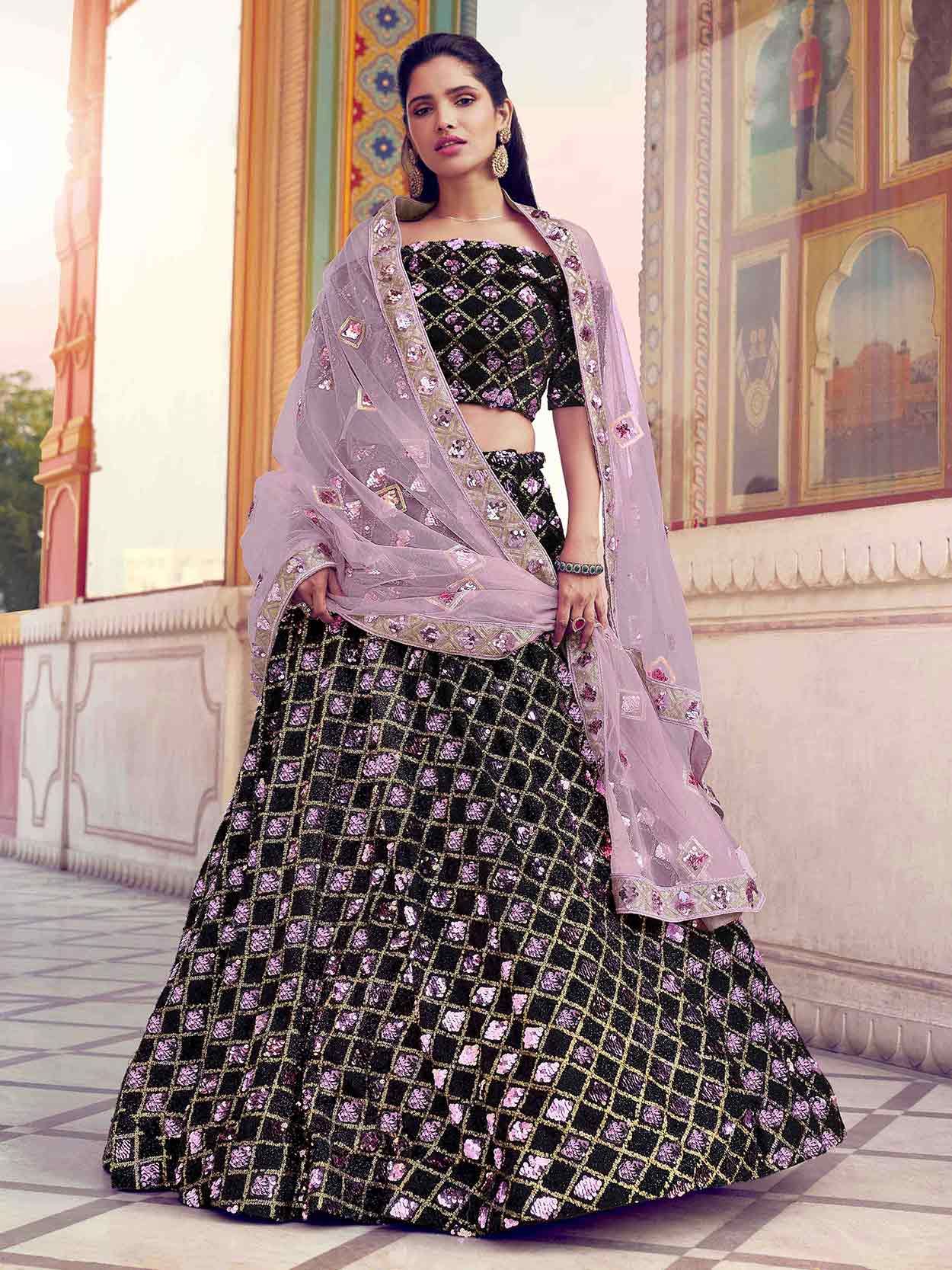 Black and Gold Sequins Lehenga with Velvet Blouse and Scallop Dupatta –  Fabilicious Fashion