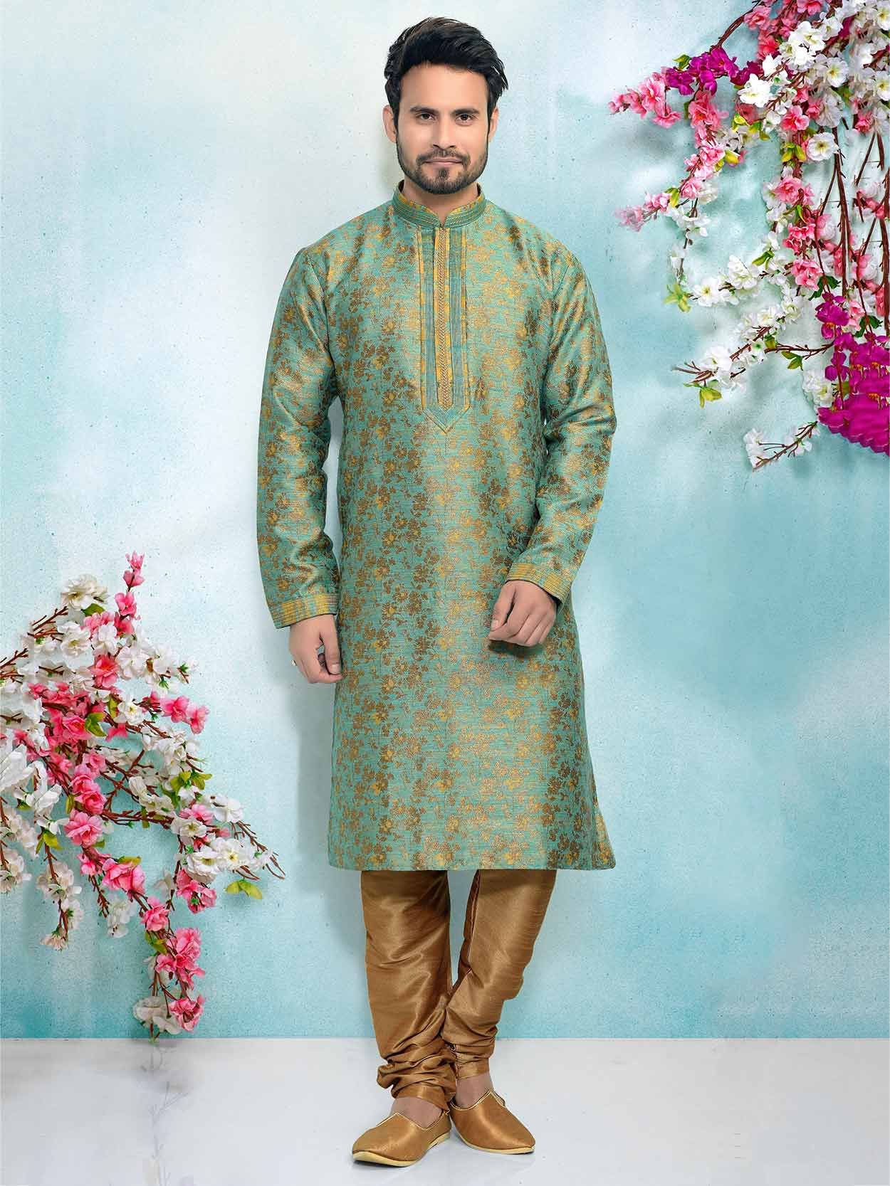 Green Colour Brocade Silk Pintux Kurta Pajama.