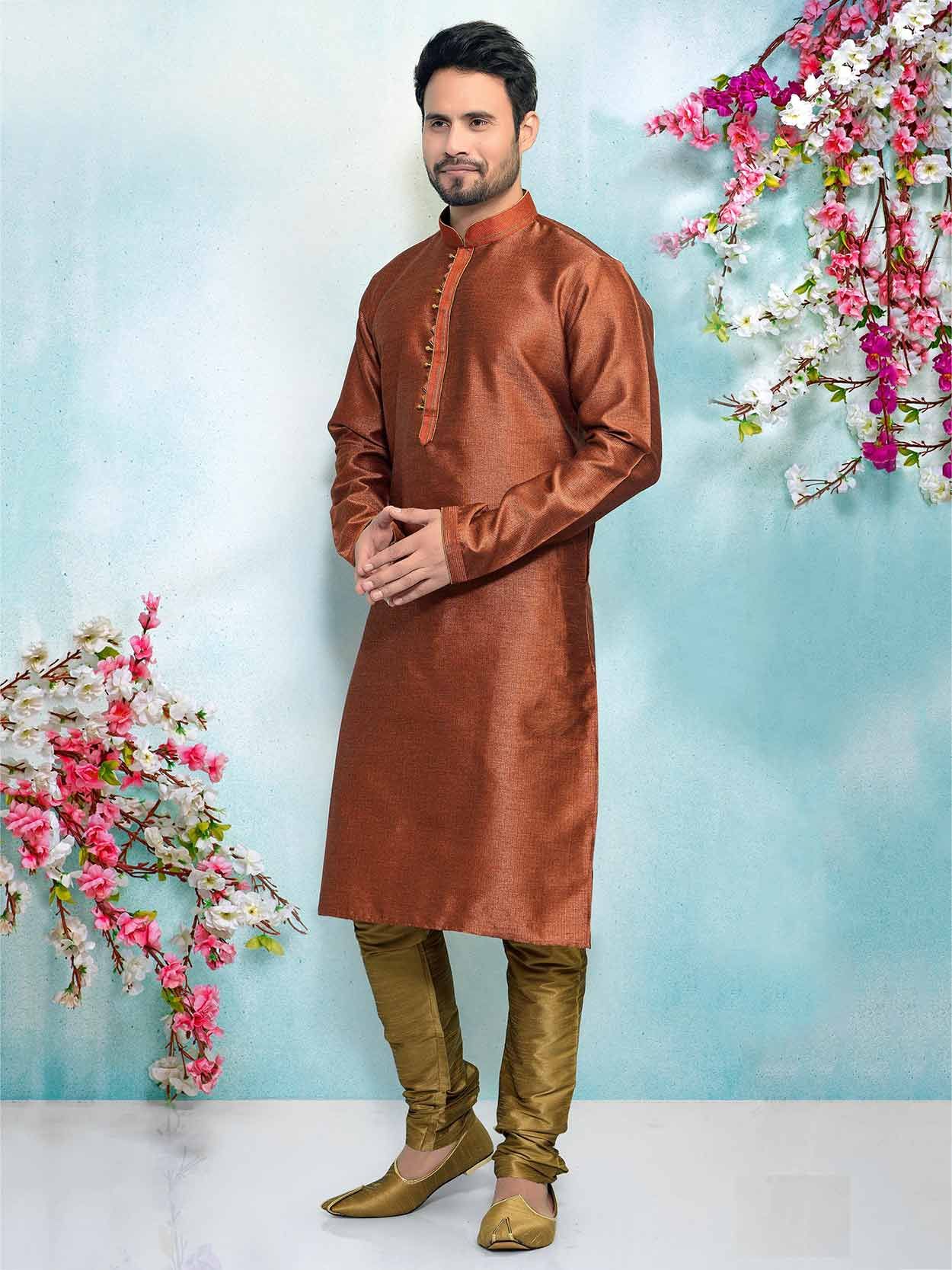 Rust Jacquard Brocade Silk Men s Designer Kurta Pajama