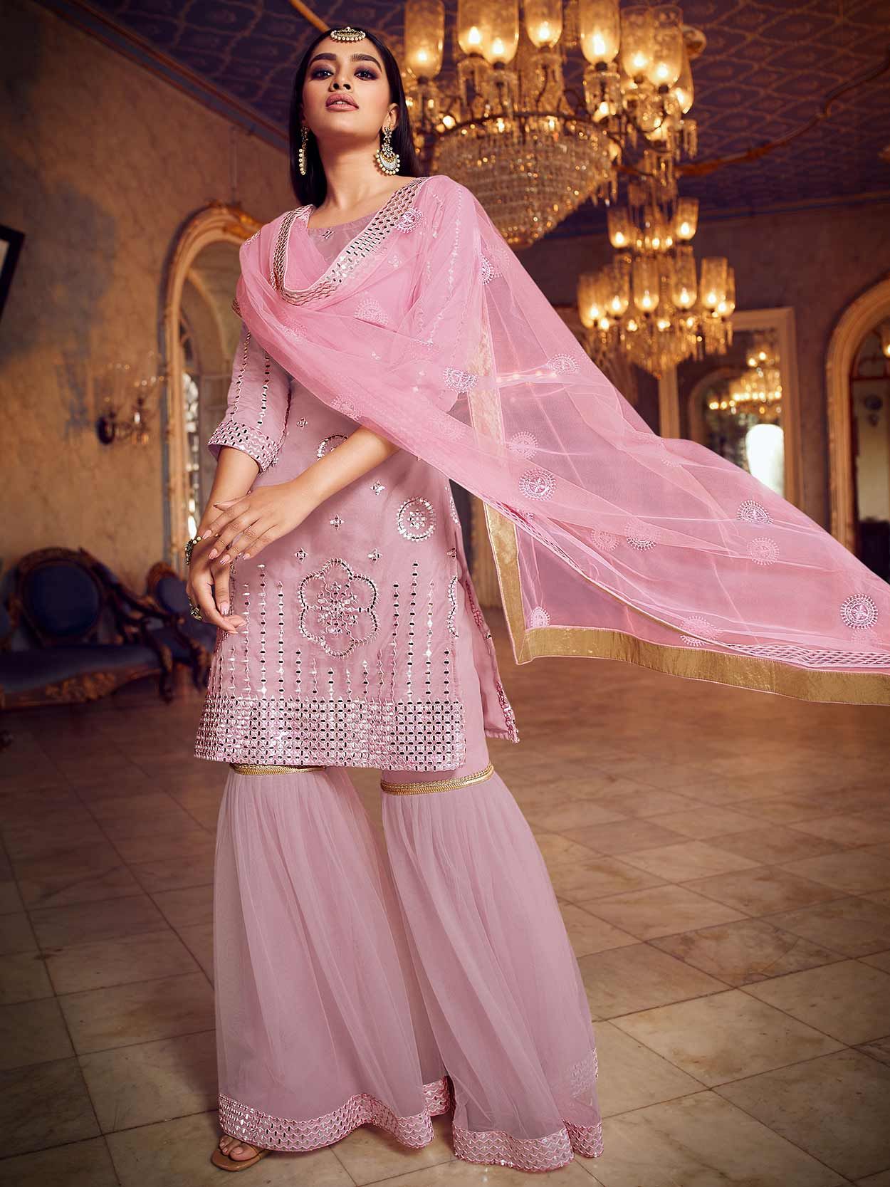 Net Party Wear Sharara Suit In Light Pink Colour