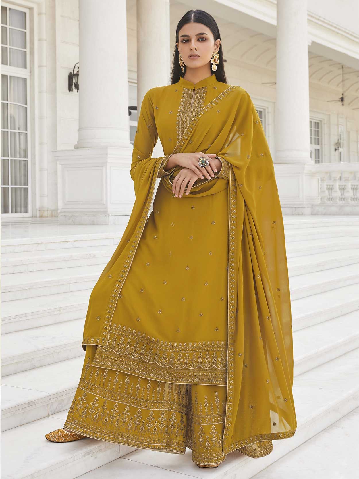 Yellow Color Embroidered Party Wear Readymade Palazzo Salwar Suit In A