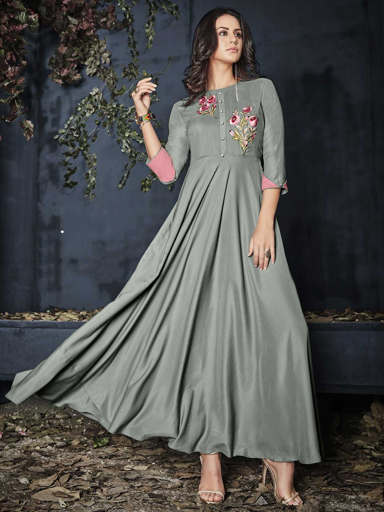Viscose Embroidery Kurti In Grey Colour - KR5412111