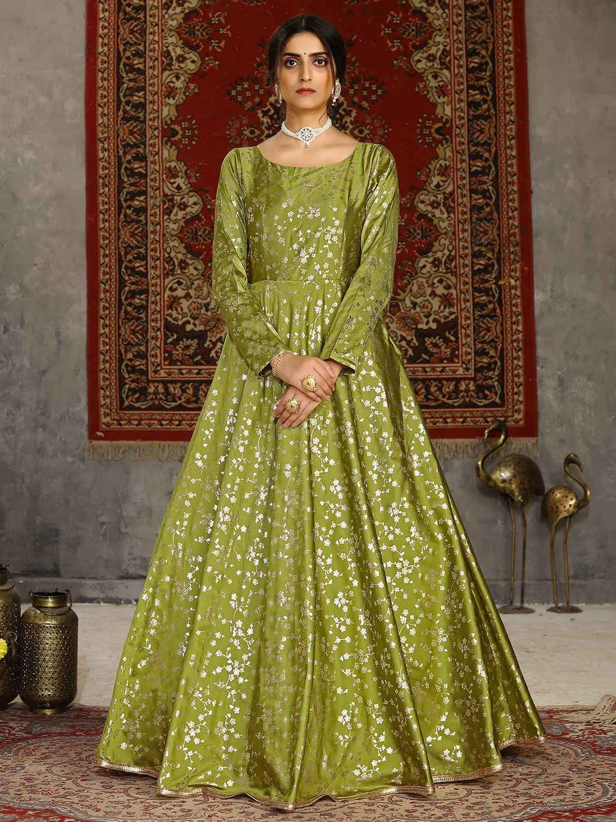 Aashi Green Two Tone Gown Style Embroidered Kurti with String | K-520 |  Cilory.com