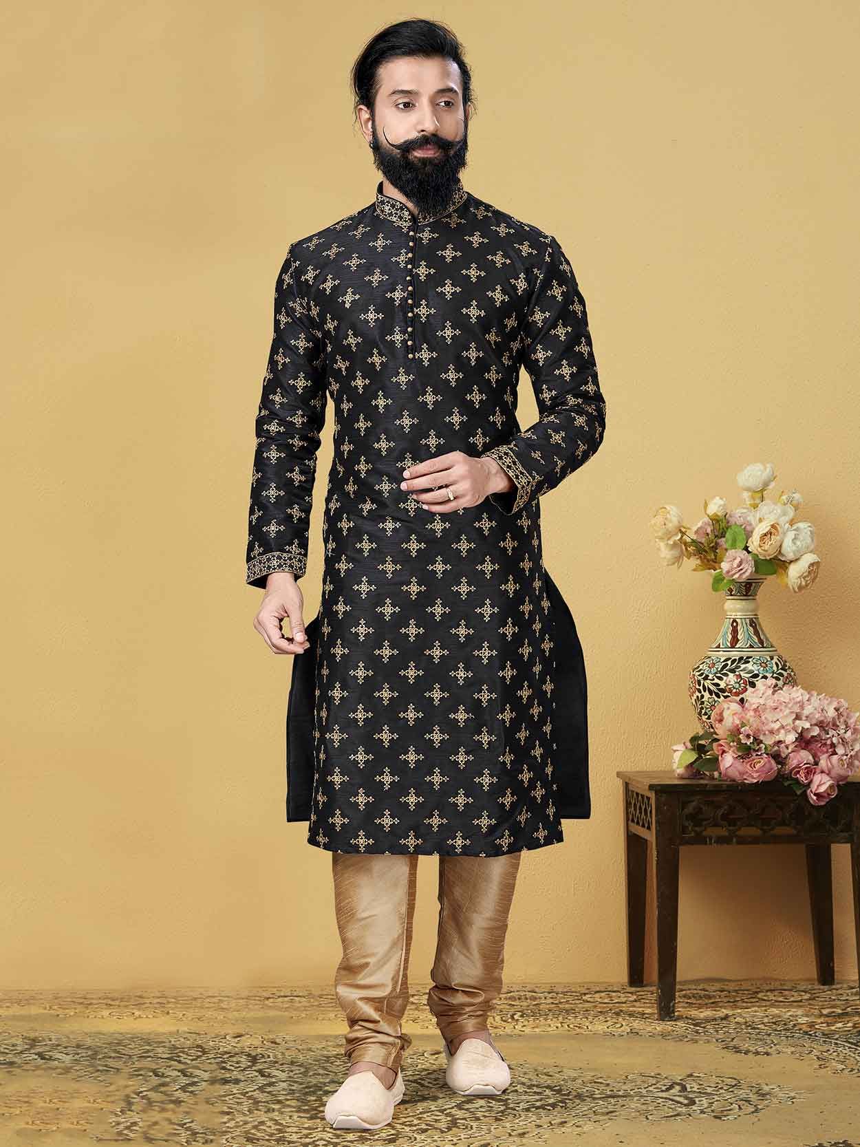 Black Colour Dupion Silk Party Wear Kurta Pajama