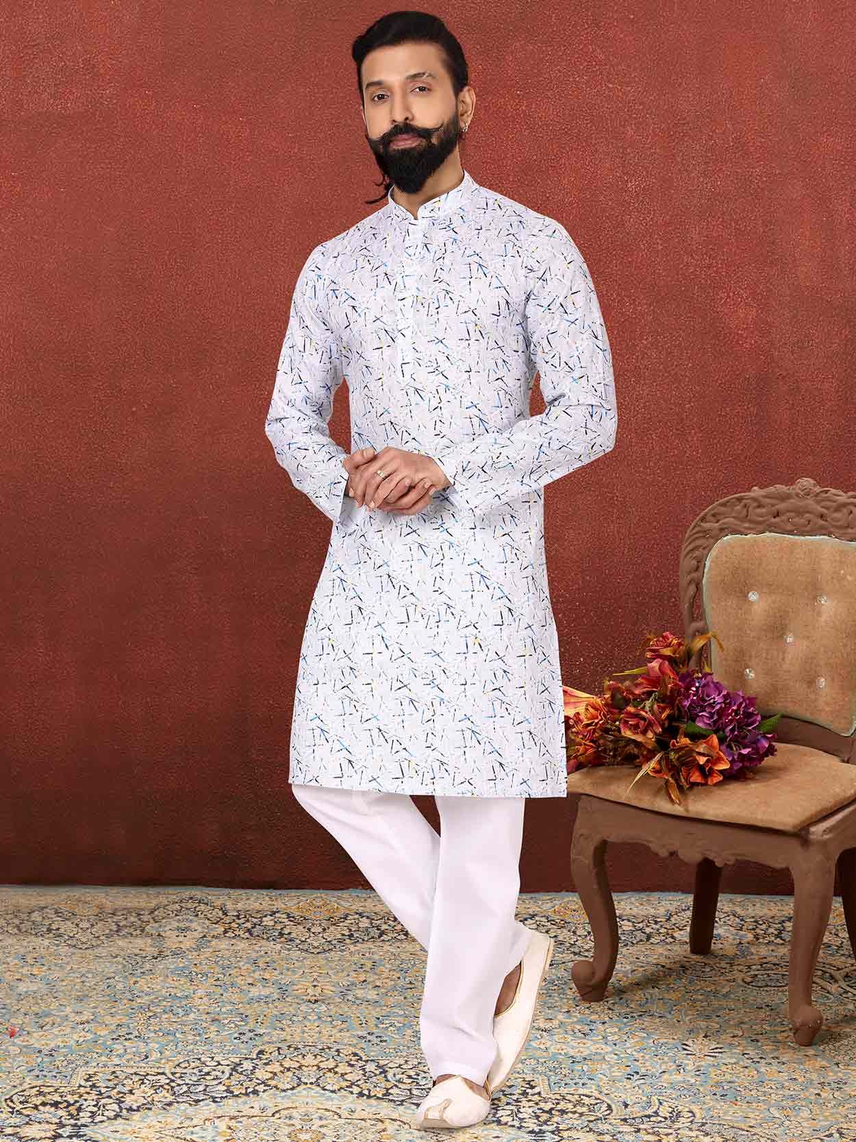 Buy White Color Cotton Fabric Festive Wear Kurta Pajama Online