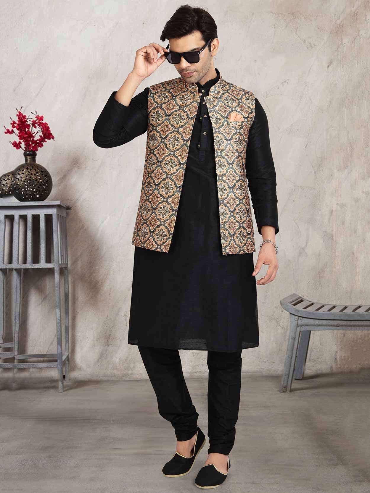 Trending Fashion Plain Black Men's Kurta Pajama With Nehru Jacket MKPA03524