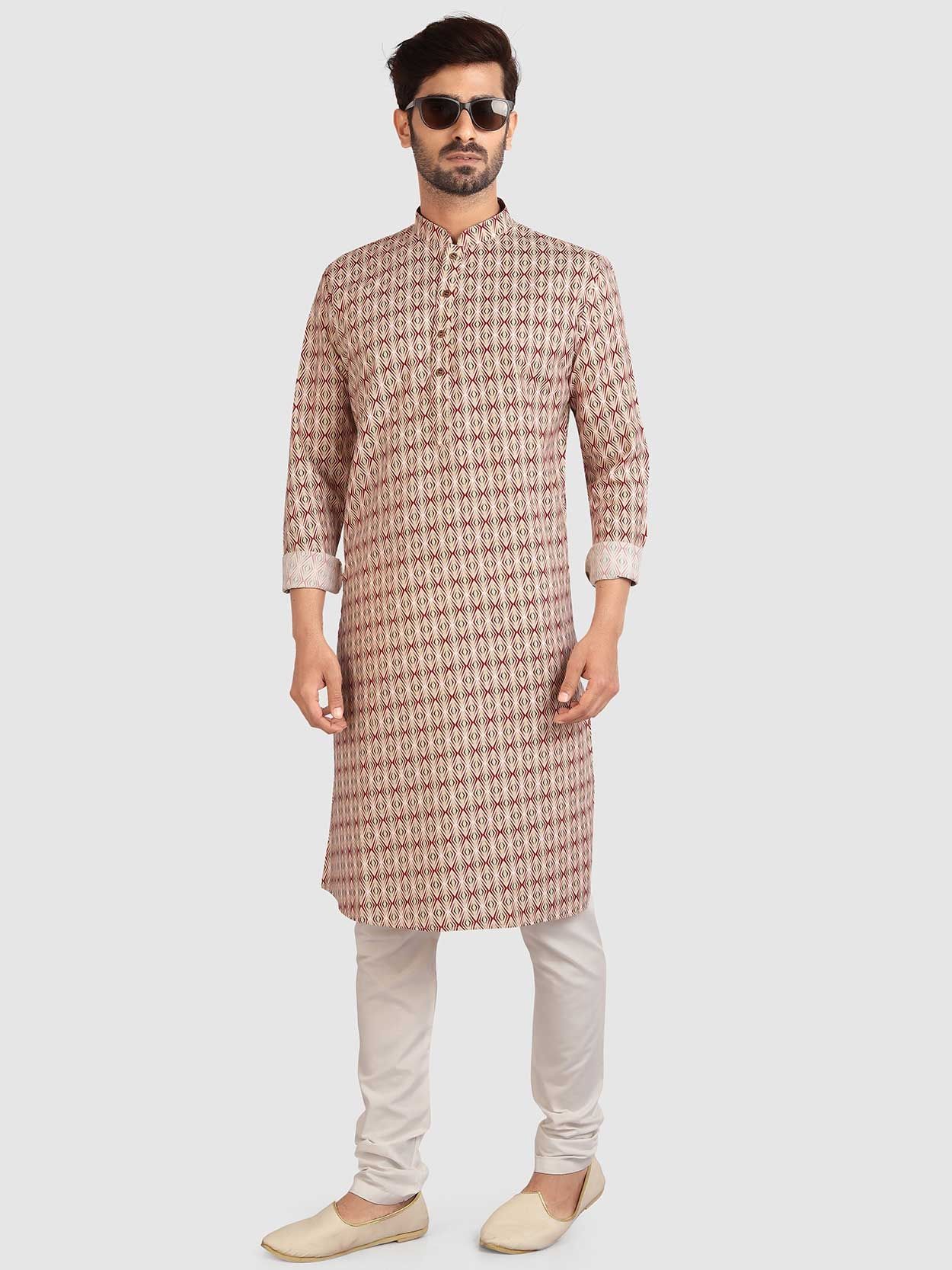 Cream Colour Printed Kurta Pajama in Cotton Fabric.