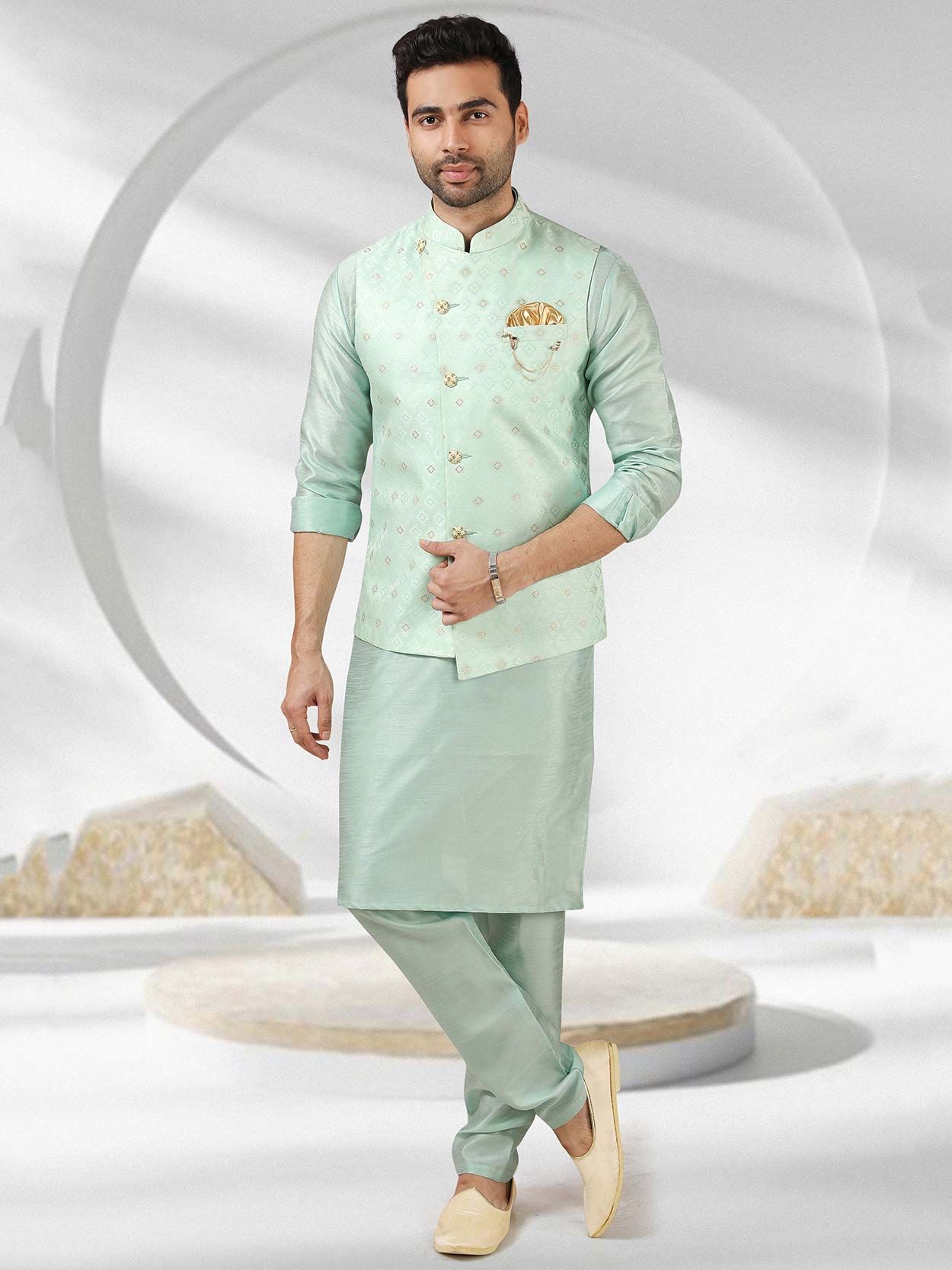 Buy Sadree Men's Silk Green Kurta Golden Pajama Green Jacket set  (Birthday,Wedding, Ceremony, Casual, Engagement) |Jacket & Kurta Pyjama Set  (36) at Amazon.in