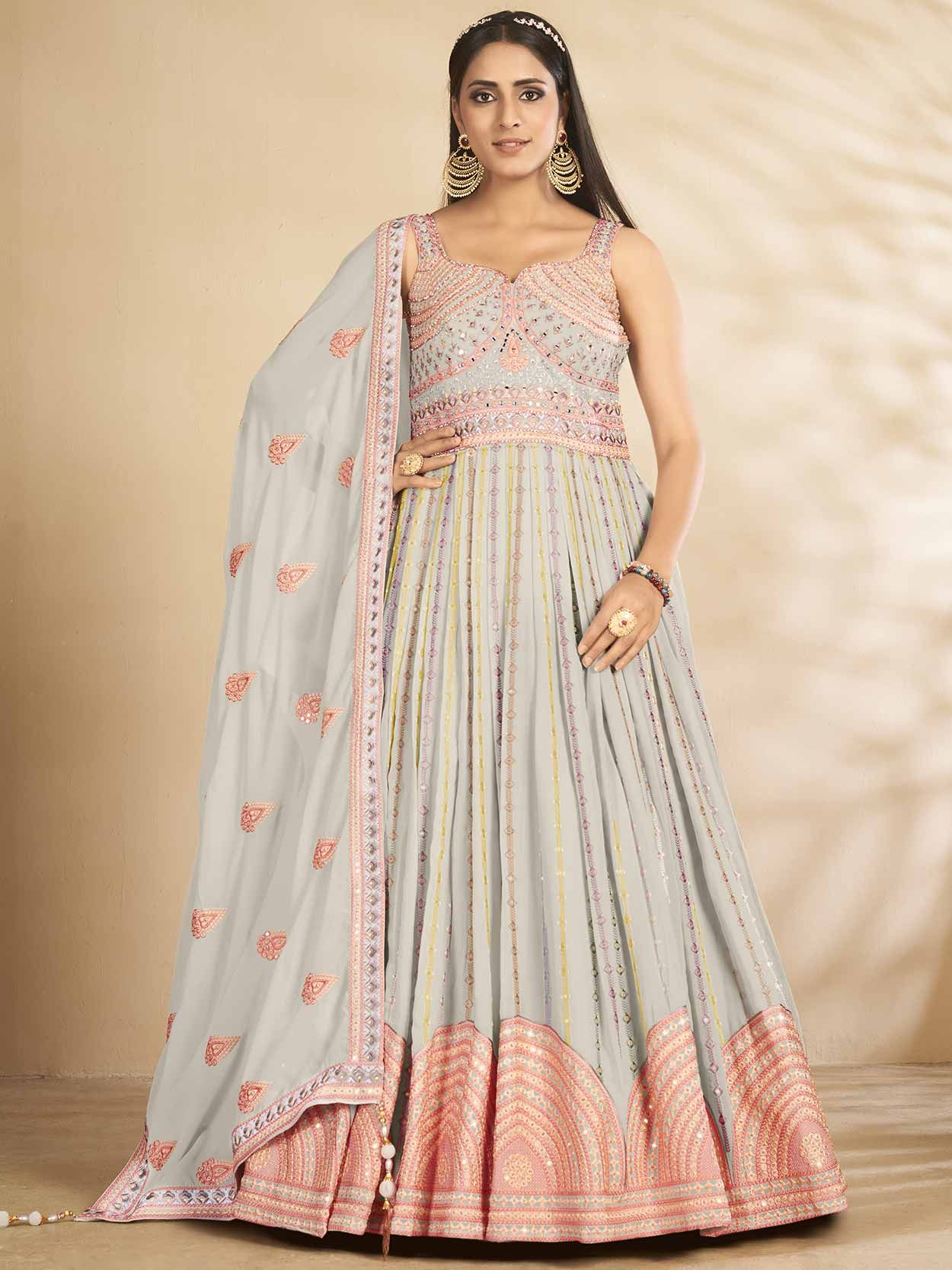 Buy Sky Blue Zariwork Net Designer Gown - Koskii