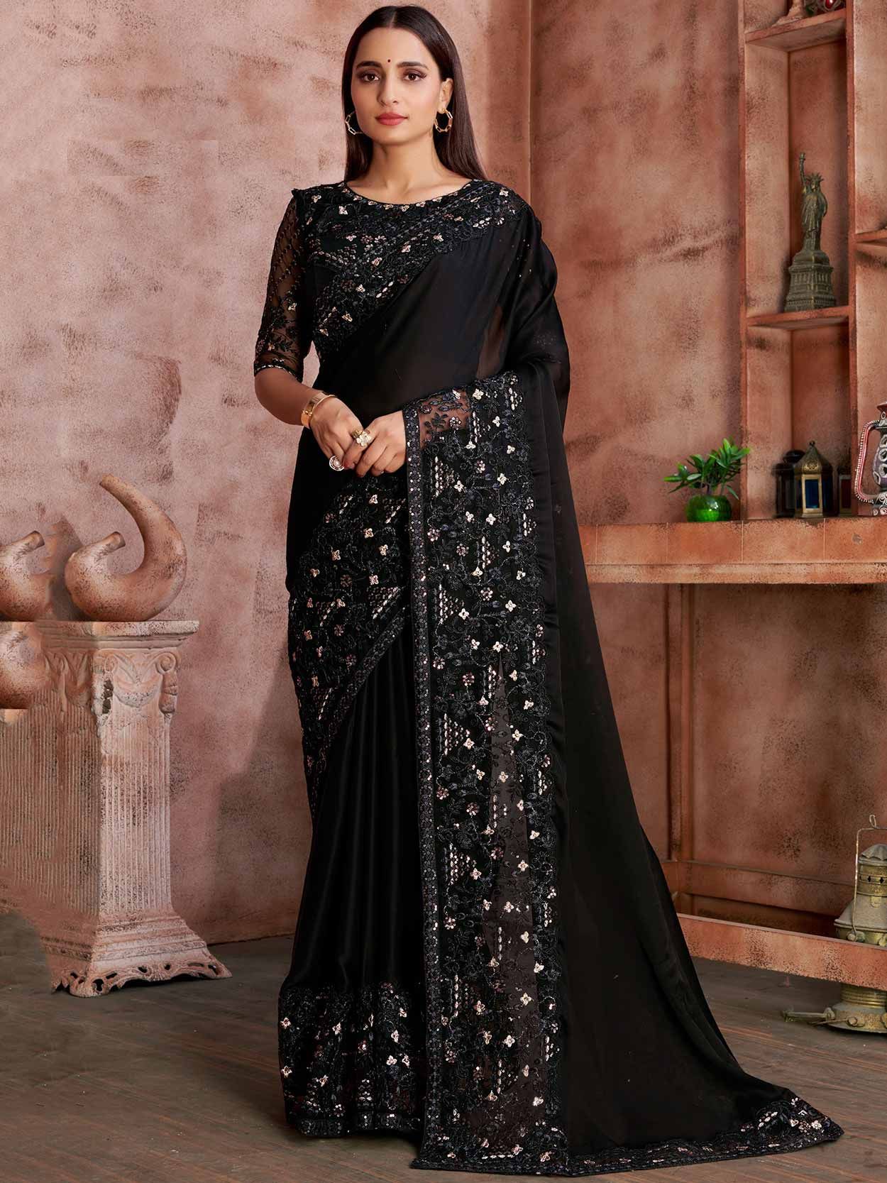 Black Colour Satin,Georgette Fabric Party Wear Saree.