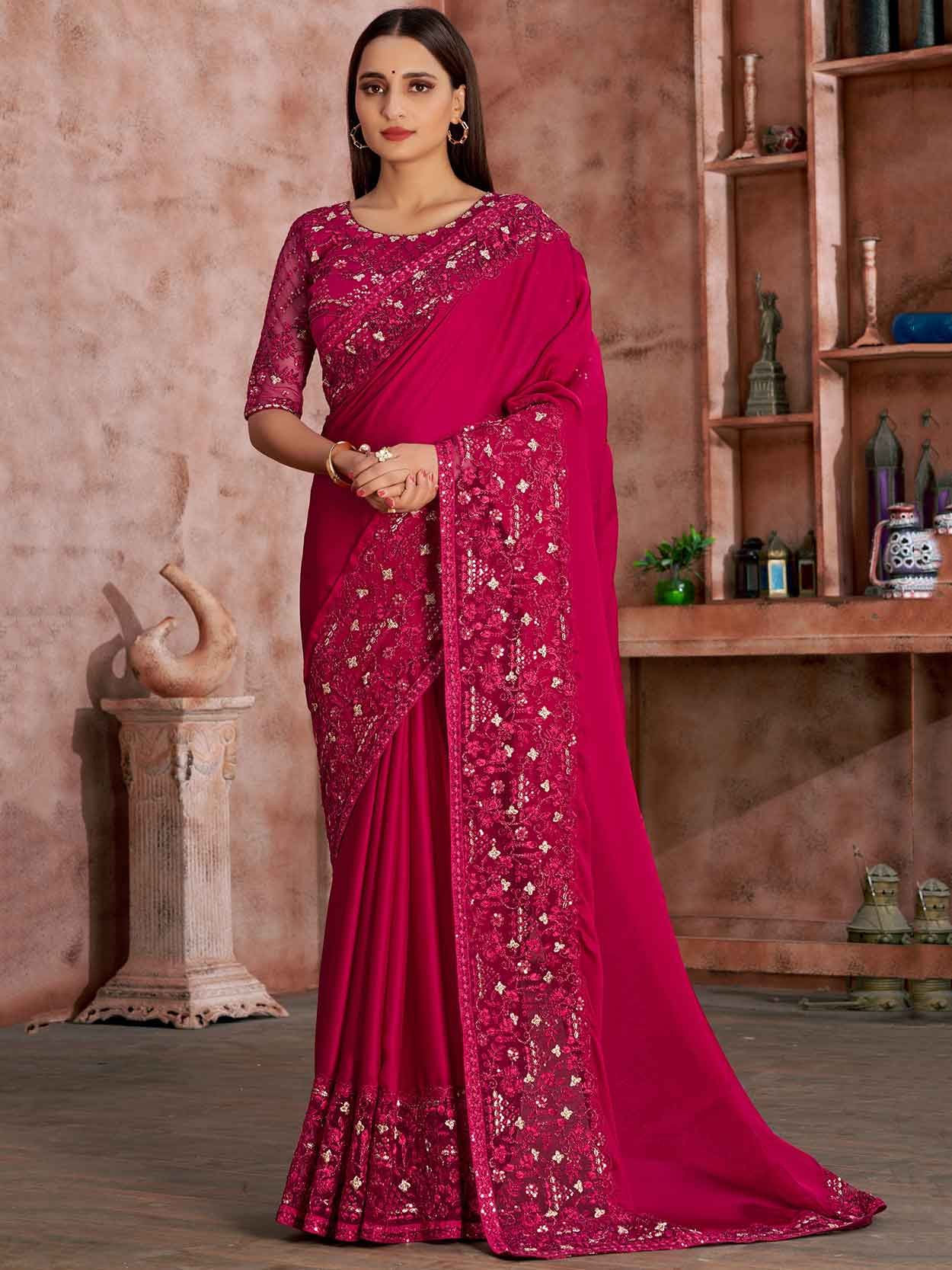 Beautiful Pink Booti Work Mirror Work Net Georgette Wedding Designer Sarees.Net  bridal sarees in Mumbai
