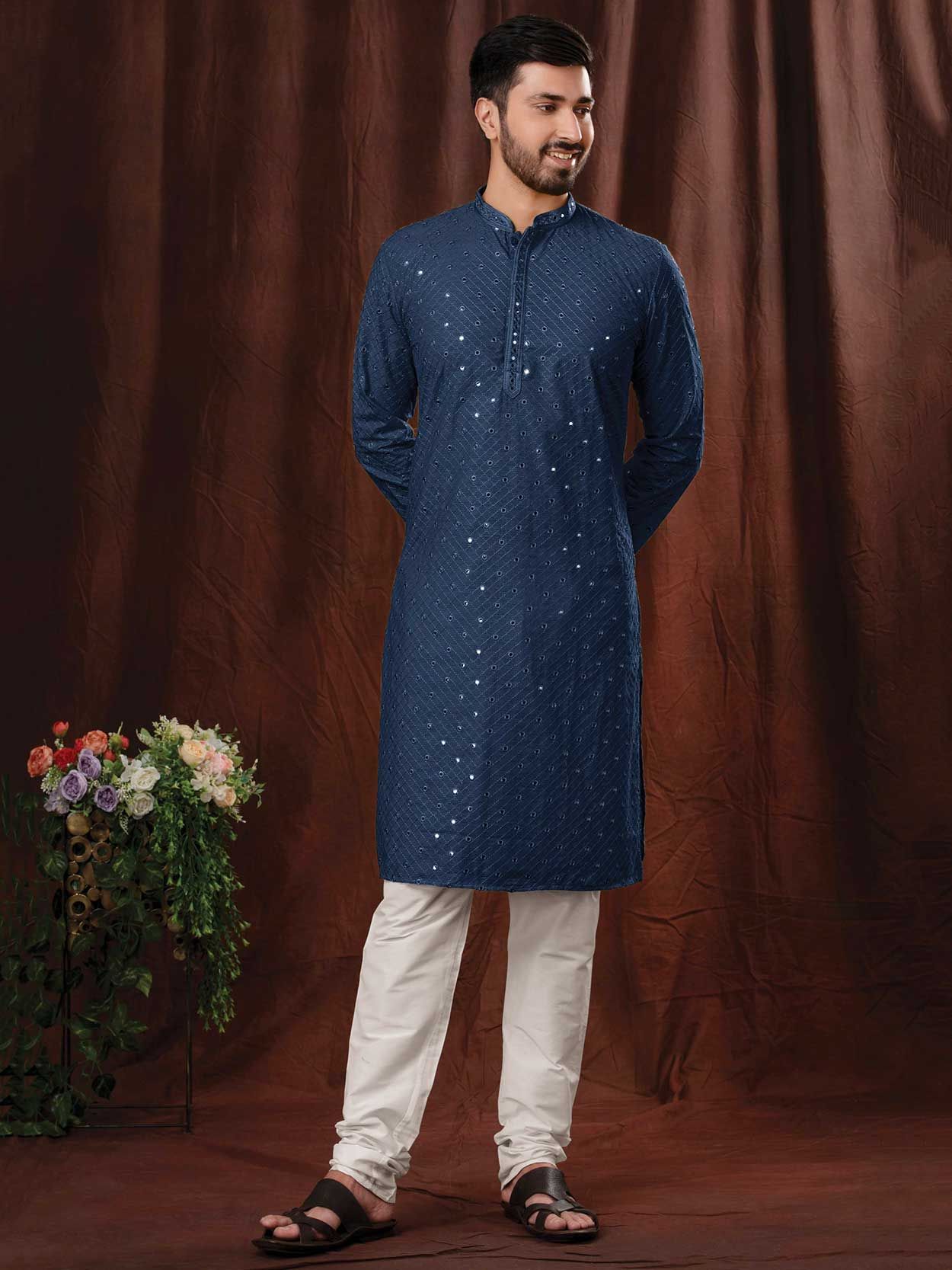 Blue Colour Party Wear Kurta Pajama in Cotton Fabric