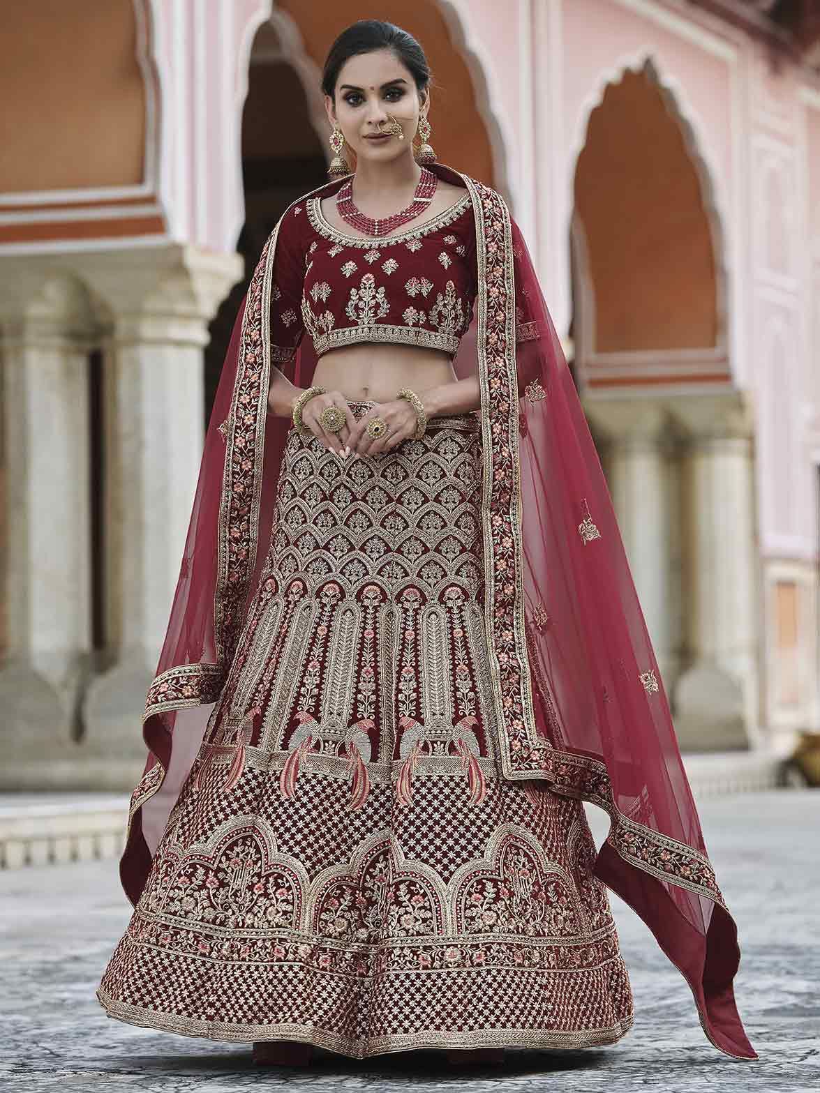 Buy Maroon Red Resham Embroidered Silk Designer Lehenga Online | Samyakk
