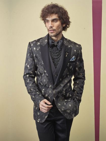 Black Colour Flower Design Tuxedo Suit.