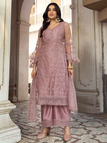 Pink Embroidered Palazzo Style Suit In Net