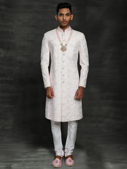 White Colour Silk Men's Sherwani With Thread Work.