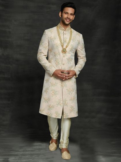 Imported Fabric Men's Sherwani Cream Colour.
