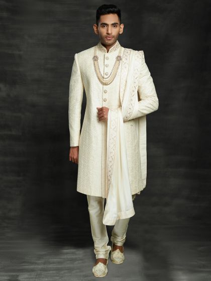 Cream Colour Silk Groom Sherwani With Zari,Thread,Hand Work.