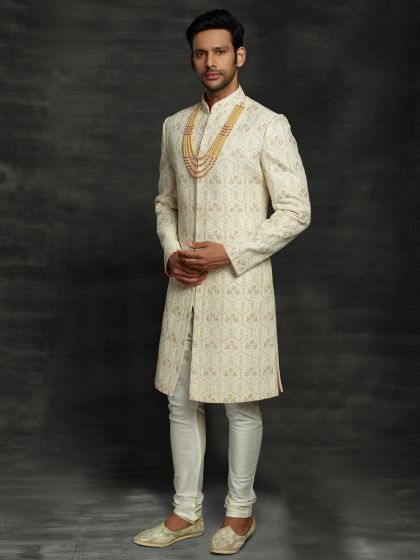 Lucknowi Fabric Wedding Sherwani in Cream Colour.