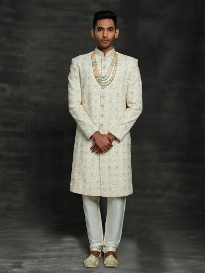 Off White In Silk Wedding Sherwani.