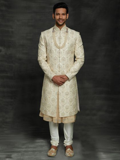 Designer Groom Sherwani Cream Colour in Silk Fabric.