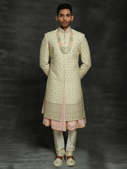 Cream Colour Silk Indian Designer Sherwani.