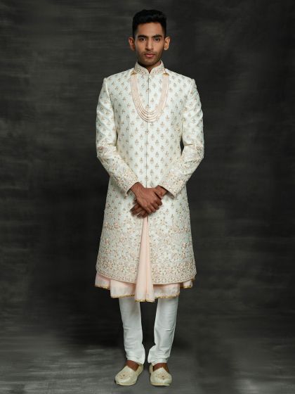 Off White Colour Silk Men's Sherwani With Zari,Thread,Hand Work.