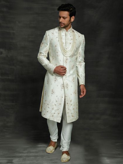 Off White Colour Silk Groom Sherwani.