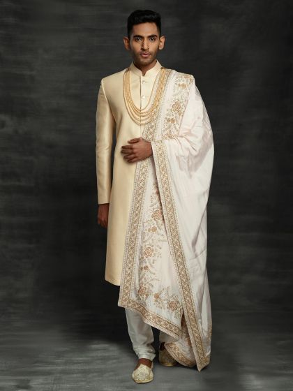 Golden,Beige Colour Indian Groom Sherwani With Hand Work.