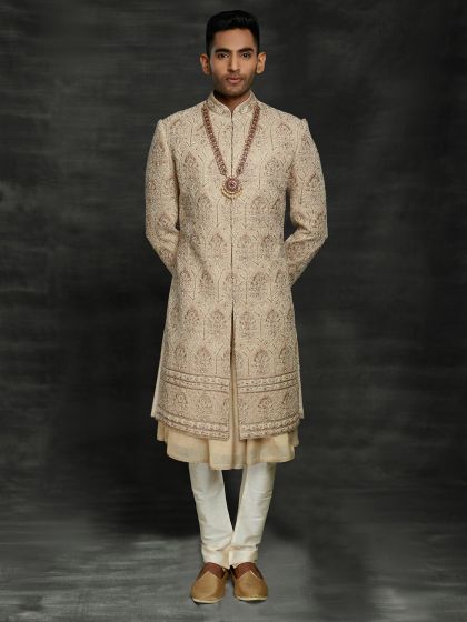 Golden,Beige Colour Silk Men's Wedding Sherwani With Zari,Thread,Hand Work.